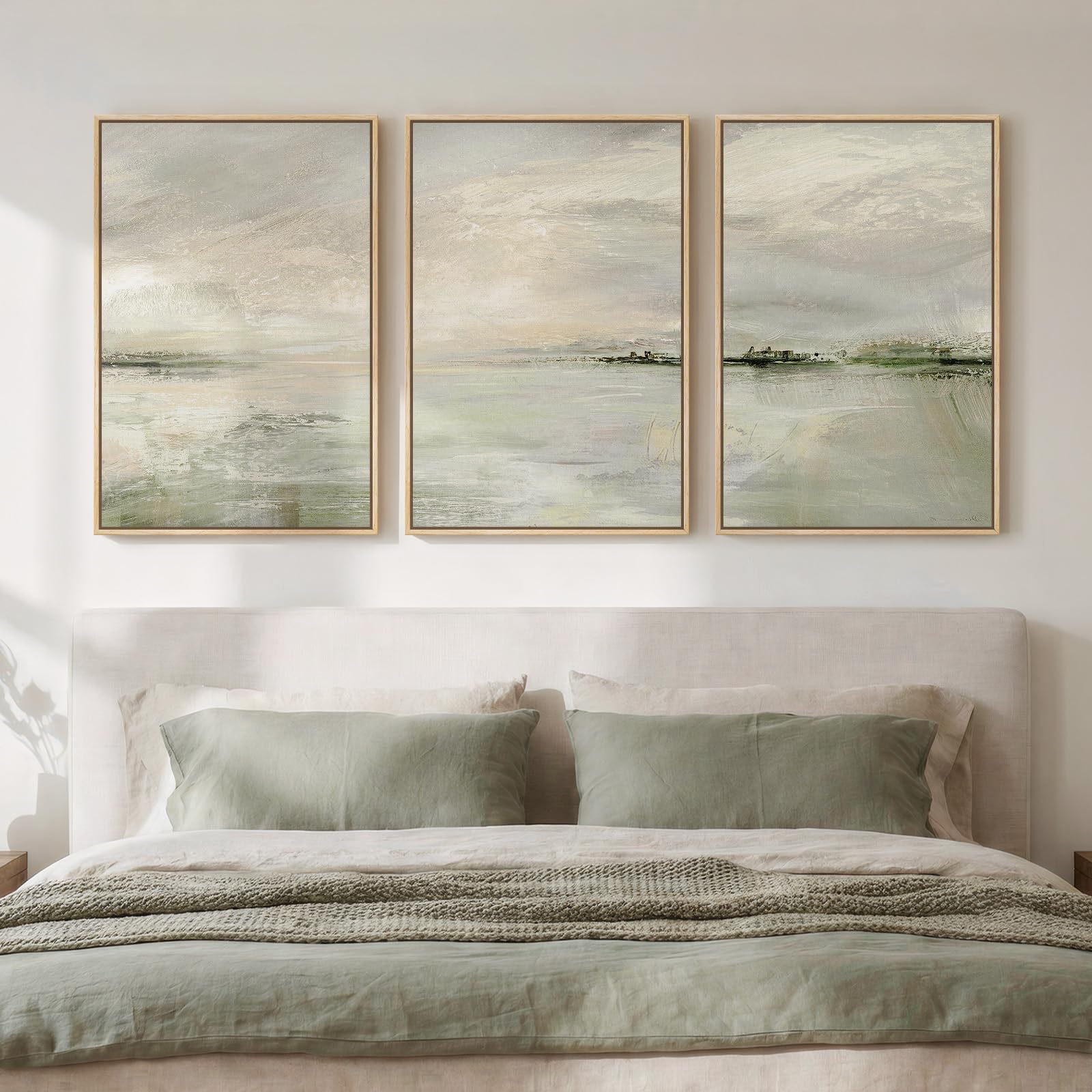 Large Framed Blue and Neutral Abstract Wall Art for Living Room, 3 Piece Modern Canvas Prints Paintings Artwork for Walls, Minimalist Pictures for Bedroom Dining Room Hallway Wall Decor 24x36 Inch