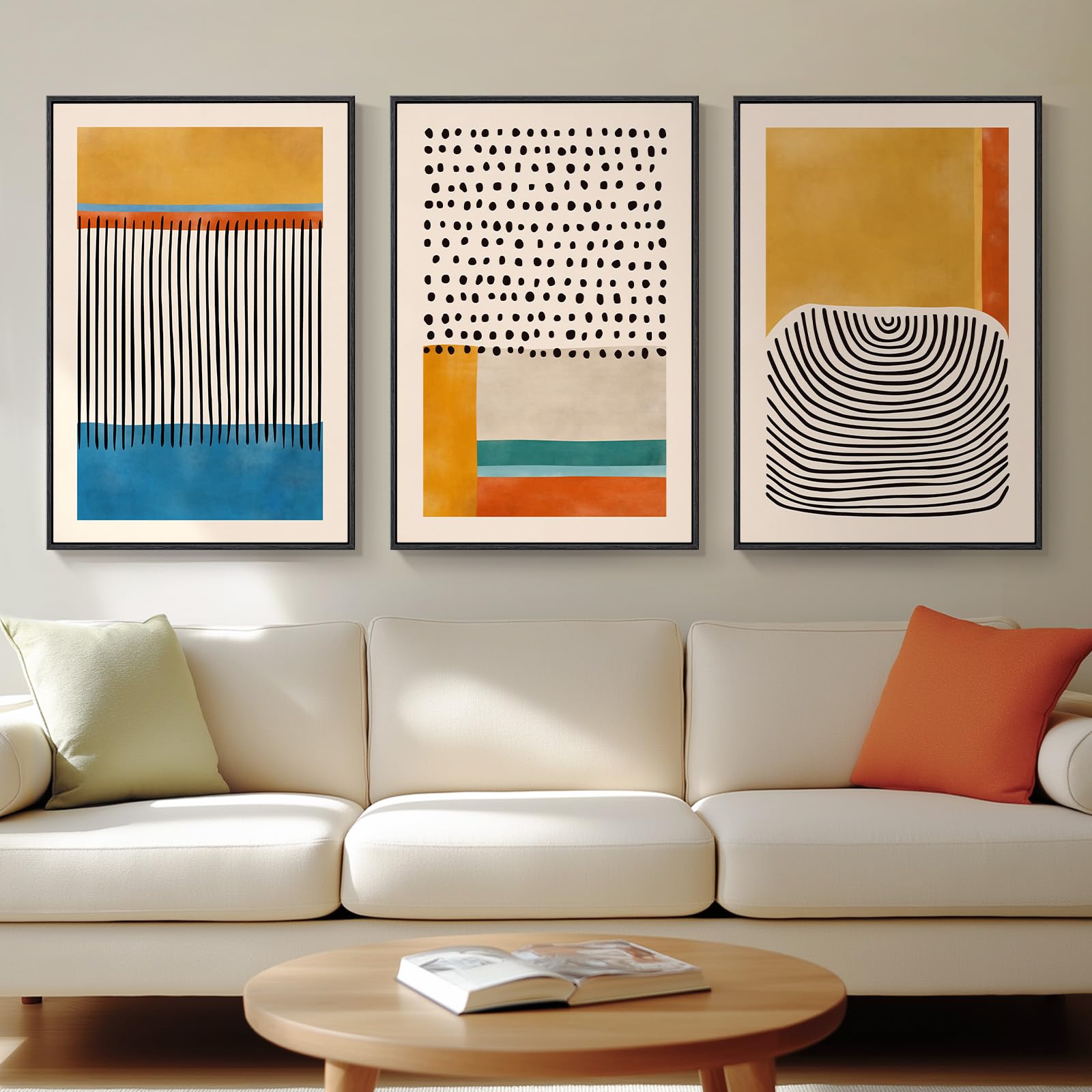 Framed Colorful Abstract Wall Art for Living Room, 3 Piece Mid Century Modern Canvas Paintings Prints Artwork for Walls, Large Modern Triptych Pictures Wall Decor for Bedroom Home Office, 16x24 Inch