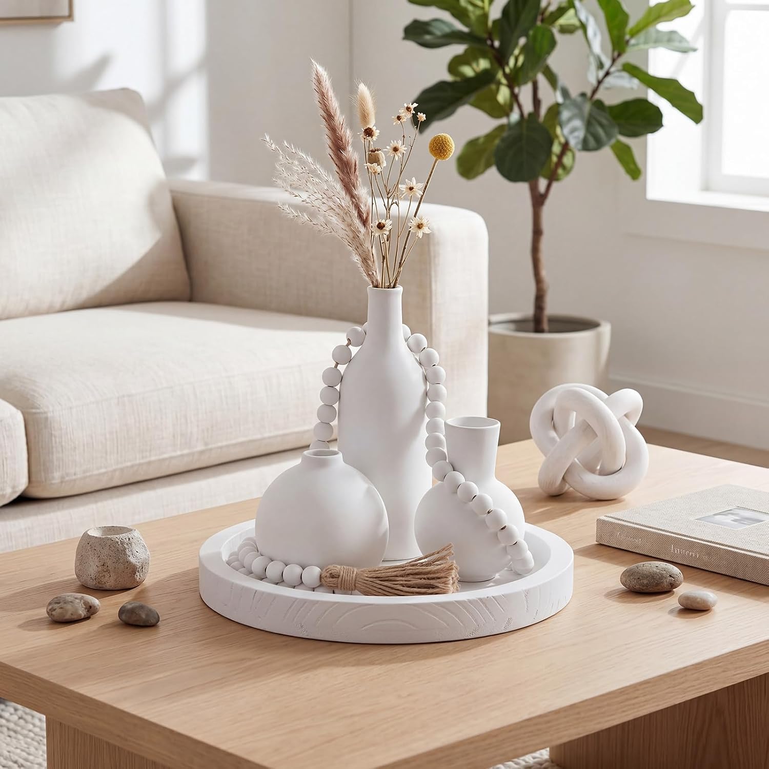 6 Pieces Ceramic Vase Set for Table Centerpieces Decor Include Wood Chain Link Bead Garland Boho Rustic Serving Tray for Home Table Living Room Dining Decoration(White)