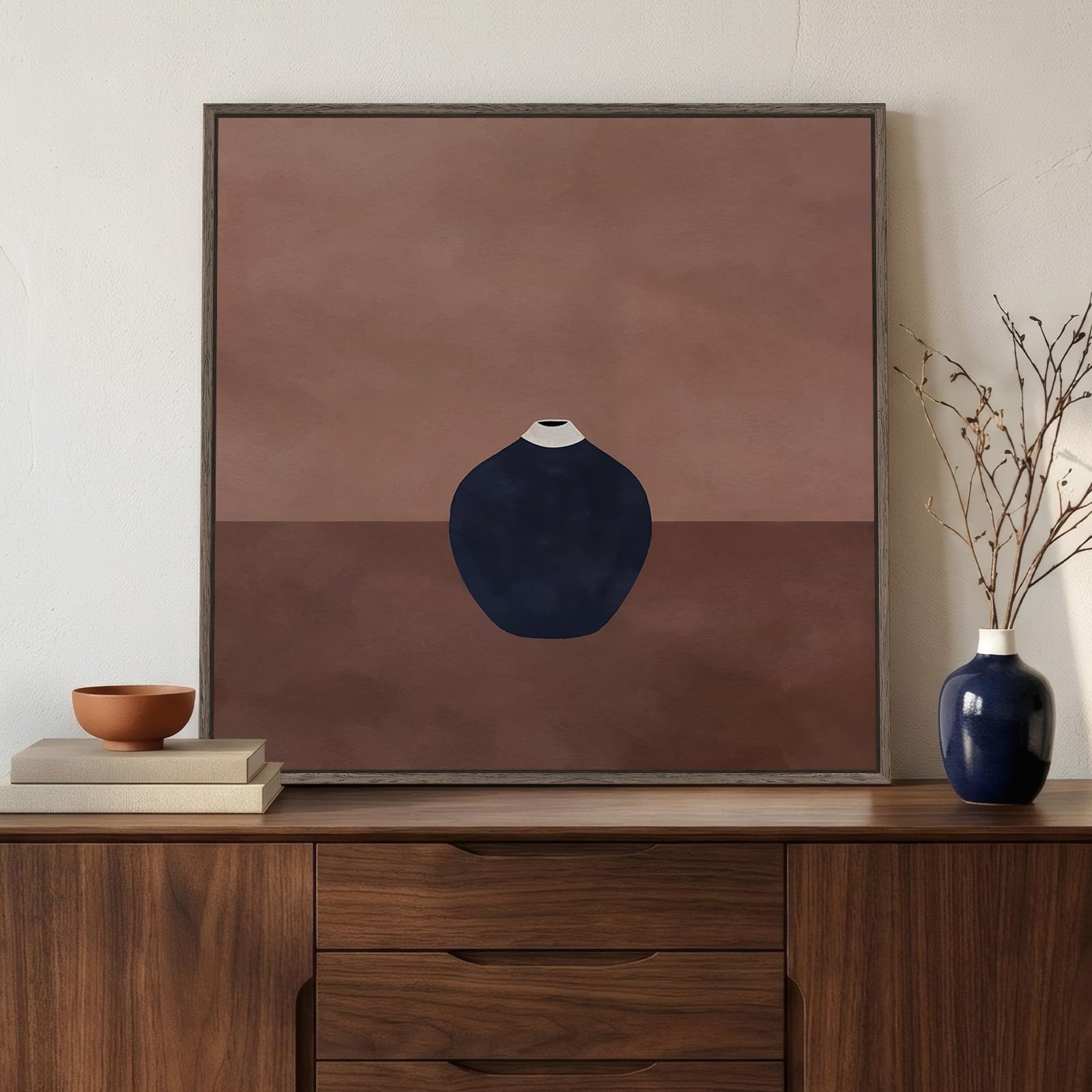 Framed Neutral Abstract Landscape Wall Art for Living Room, Square Mid Century Modern Canvas Paintings Prints Artwork for Walls, Minimalist Scenic Pictures Wall Decor for Bedroom Home Office, 24x24 In