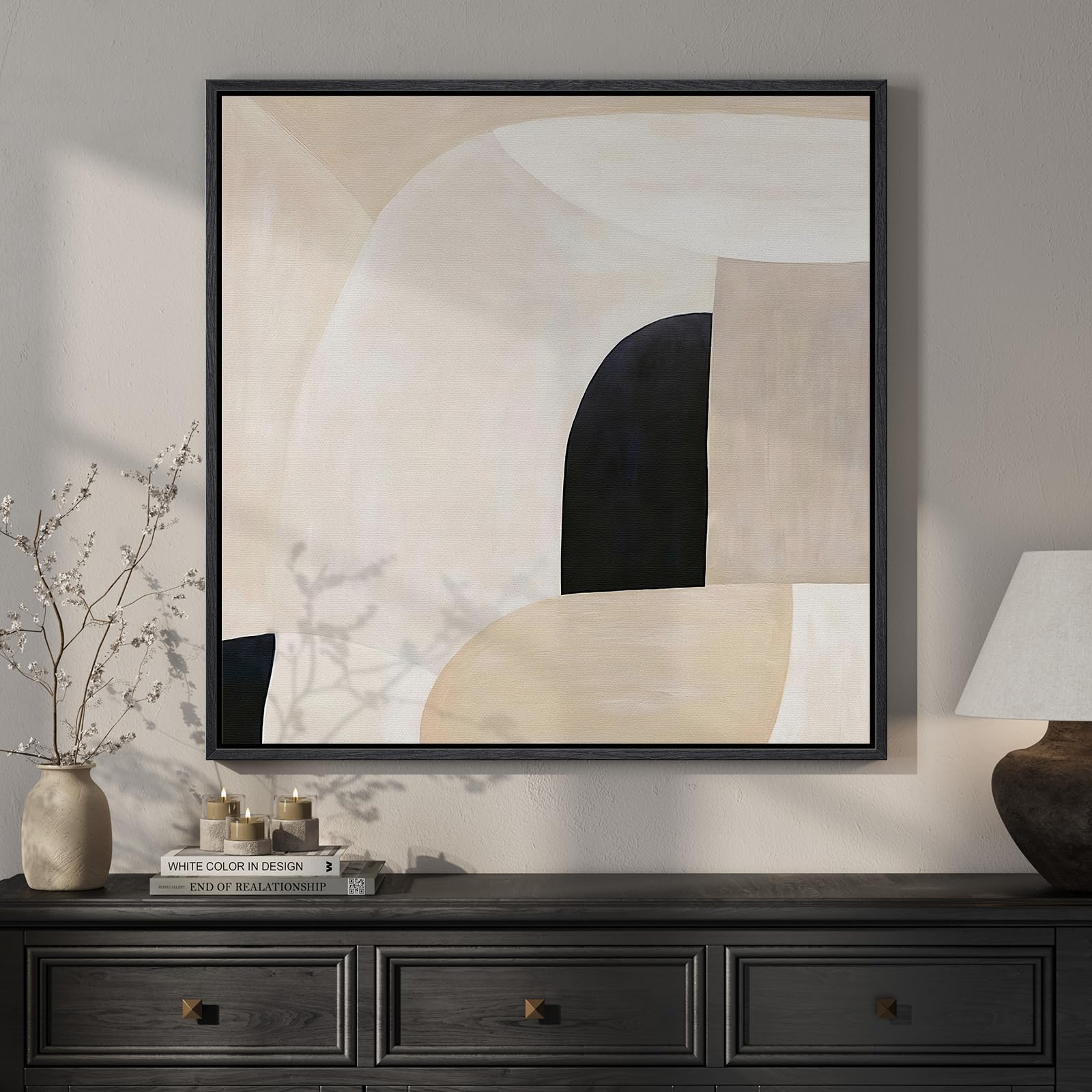 Framed Neutral Abstract Landscape Wall Art for Living Room, Square Mid Century Modern Canvas Paintings Prints Artwork for Walls, Minimalist Scenic Pictures Wall Decor for Bedroom Home Office, 24x24 In