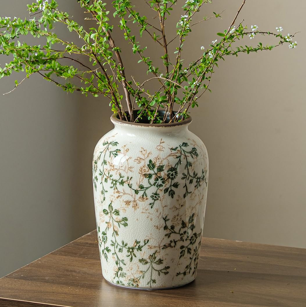 Ceramic Flower Vases Set of 3 | Green Rustic Farmhouse Vase Set for Home Decor, Vintage Floral Decorative Vase for Living Room & Kitchen, Mantel & Bookshelf, Centerpieces, Entryway(5.9+7.9+9.9Inch)