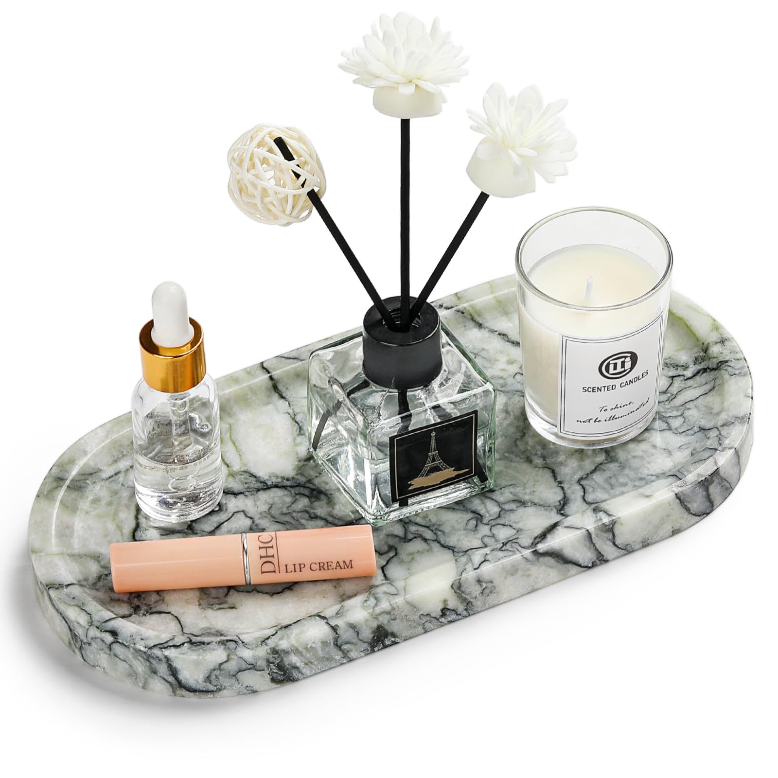 Natural Marble Vanity Tray - Moujings Genuine Marble Perfume Tray for Bathroom Decor, Stone Bathroom Vanity Organizer Tray for Kitchen Counter, Candles, Jewelry, Coffee, Makeup, Key
