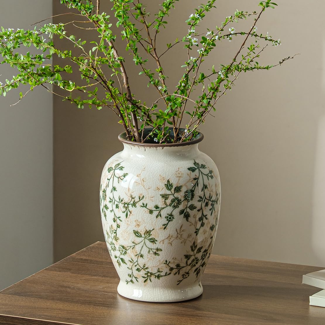 Ceramic Flower Vases Set of 3 | Green Rustic Farmhouse Vase Set for Home Decor, Vintage Floral Decorative Vase for Living Room & Kitchen, Mantel & Bookshelf, Centerpieces, Entryway(5.7+5.9+7.1Inch)