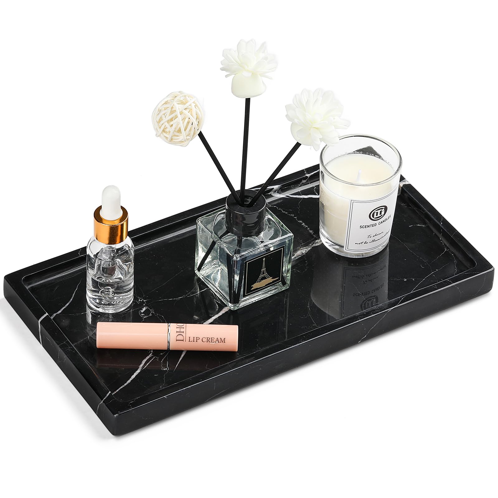 Natural Marble Vanity Tray - Moujings Genuine Marble Perfume Tray for Bathroom Decor, Stone Bathroom Vanity Organizer Tray for Kitchen Counter, Candles, Jewelry, Coffee, Makeup, Key