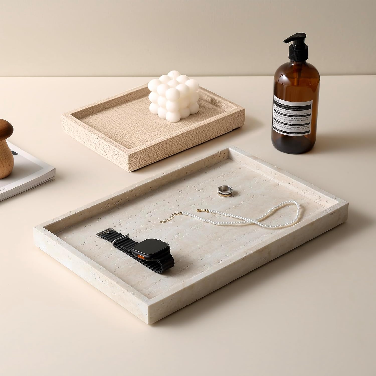 Natural Travertine Rectangular Decorative Tray 15"x10" – Stone Serving Tray | Non-slip bottom. Use on coffee bar, kitchen island, or vanity. Holds 2-3 cups. Each piece is unique.
