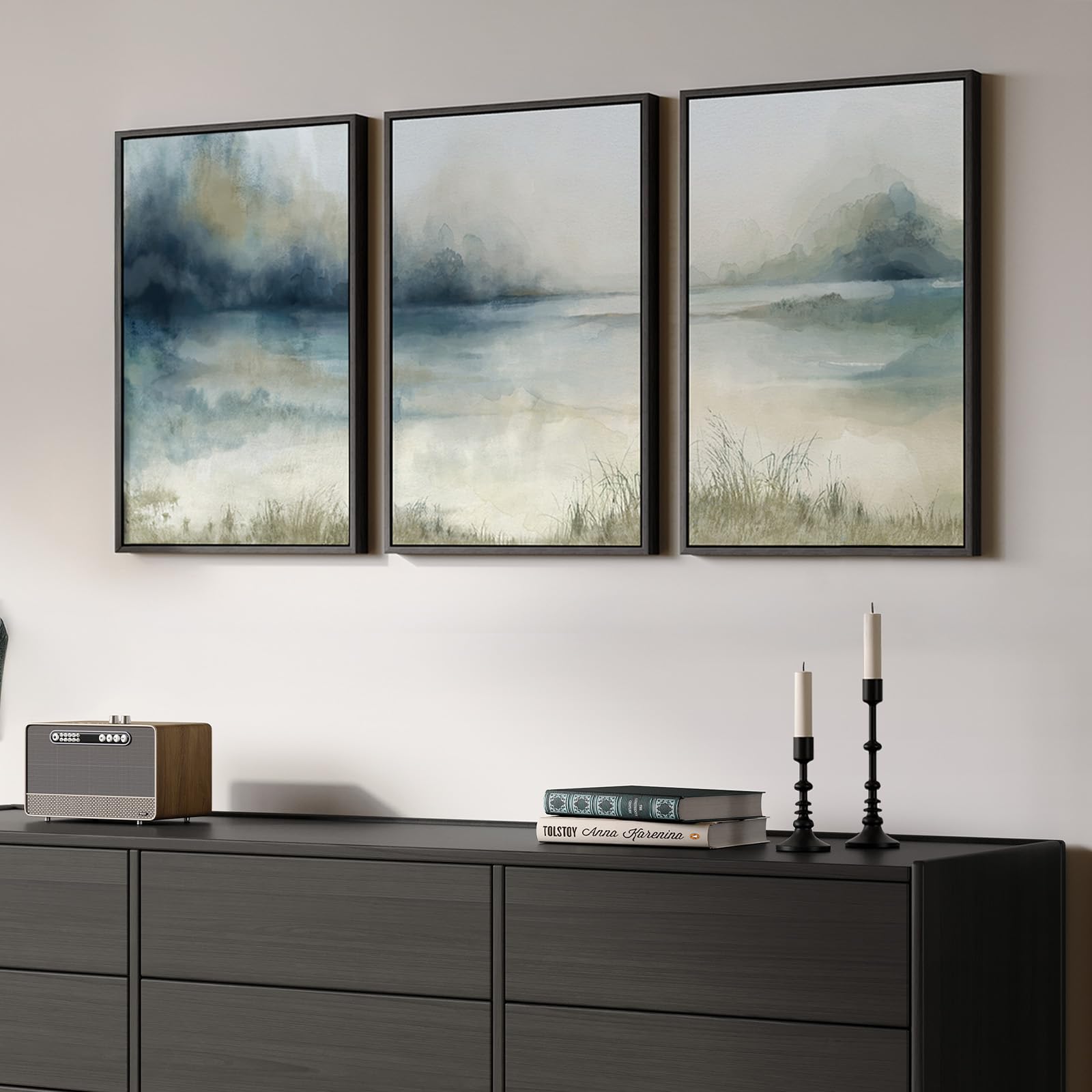 Large Framed Blue and Neutral Abstract Wall Art for Living Room, 3 Piece Modern Canvas Prints Paintings Artwork for Walls, Minimalist Pictures for Bedroom Dining Room Hallway Wall Decor 24x36 Inch