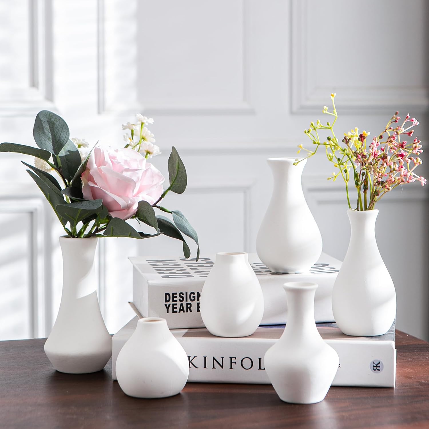 White Ceramic Bud Vase Set of 12, Small Flower Vases for Centerpieces, Modern Mini Vases for Home Decor, Wedding Table Decorations, Farmhouse Shelf and Mantel Display