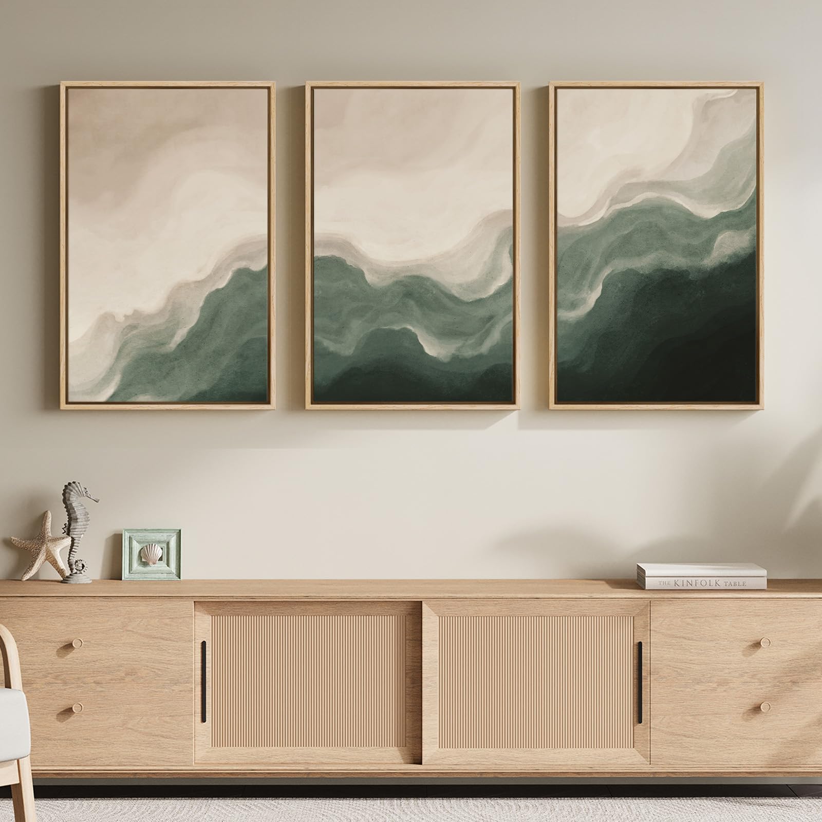 Large Framed Blue and Neutral Abstract Wall Art for Living Room, 3 Piece Modern Canvas Prints Paintings Artwork for Walls, Minimalist Pictures for Bedroom Dining Room Hallway Wall Decor 24x36 Inch