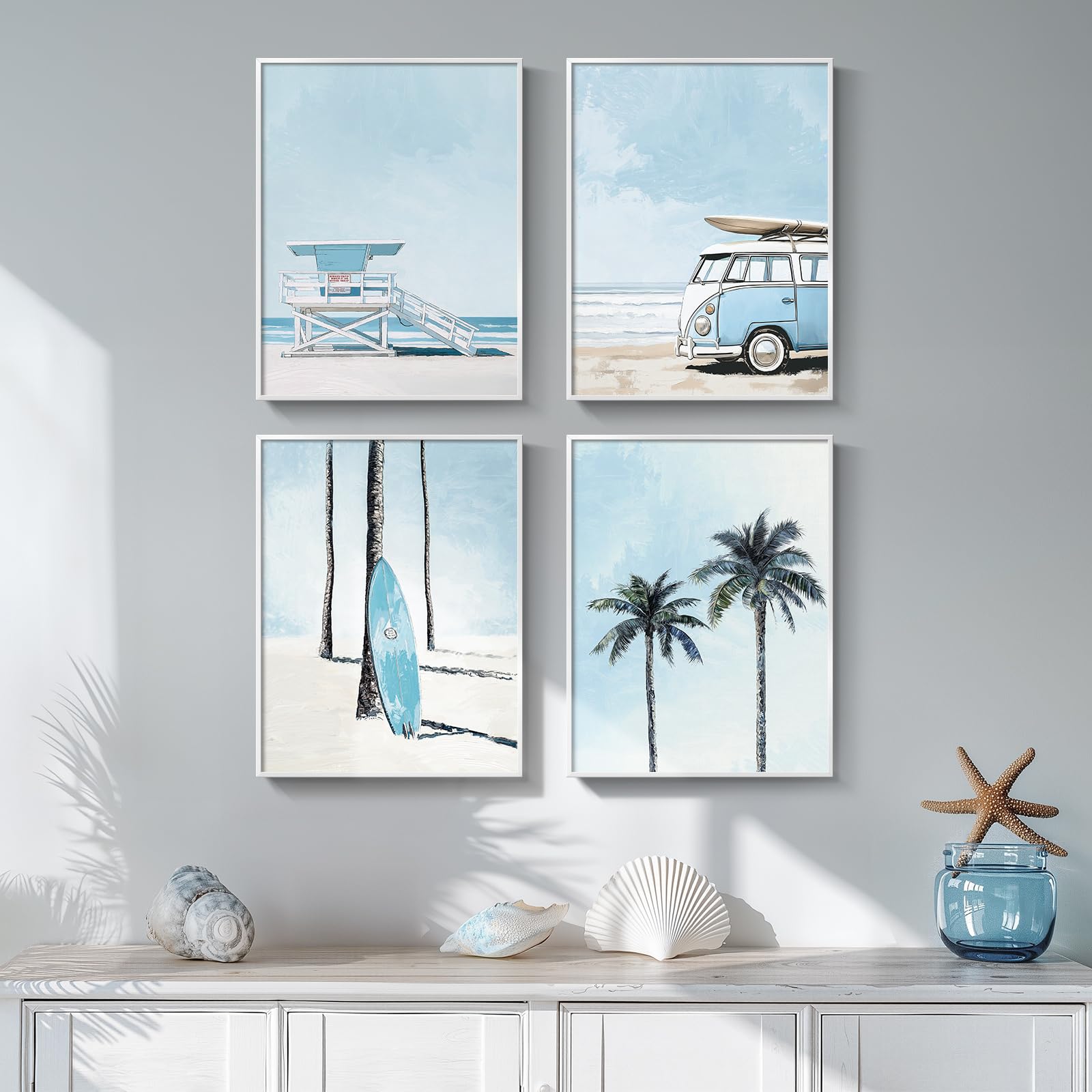 Framed Abstract Coastal Wall Art for Living Room, Large Blue Coastal Landscape Decor, 3 Piece Minimalist Beach Ocean Painting Artwork for Walls, Canvas Prints for Bedroom Hallway Wall Decor, 24x36 In