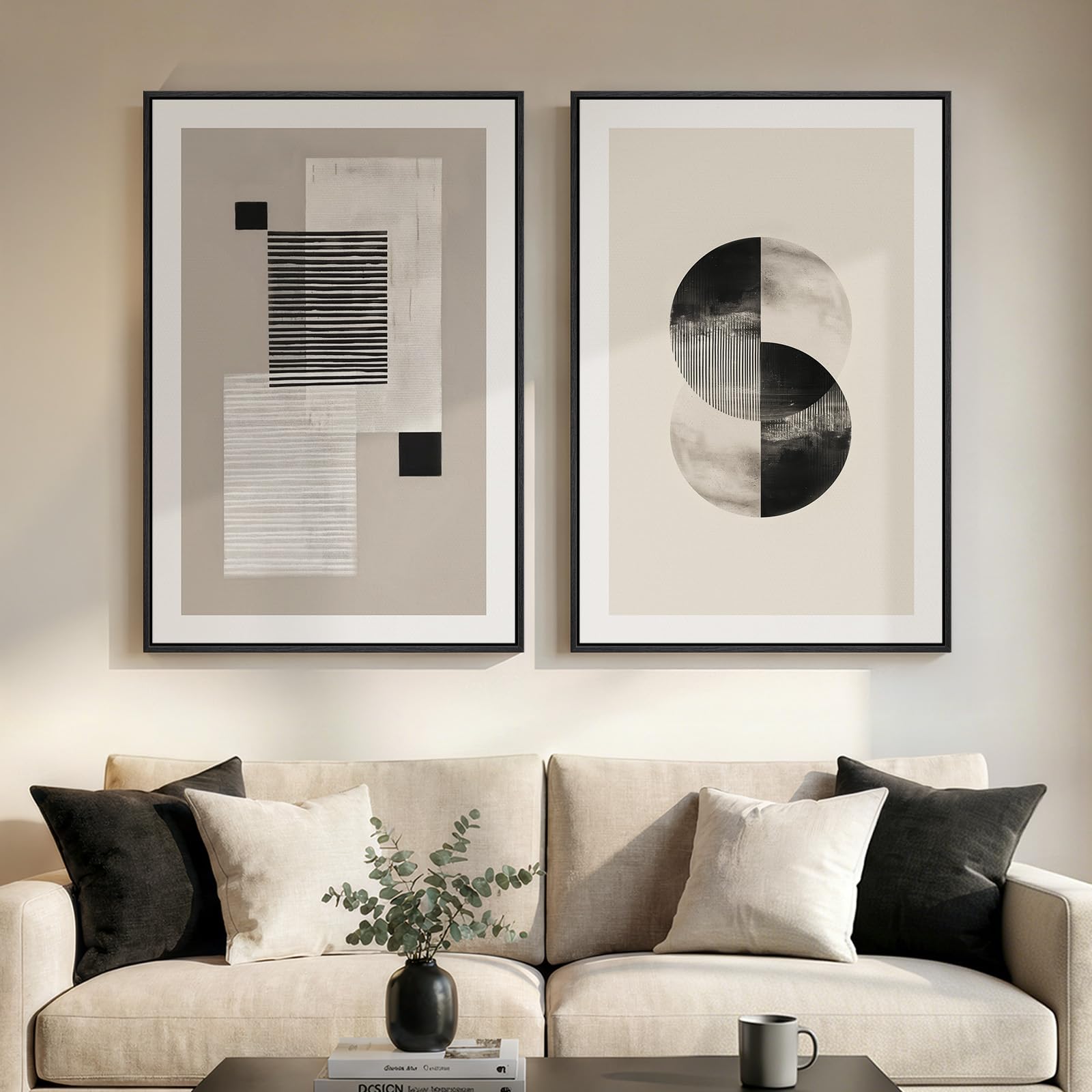 24x36 Inch 2-Piece Framed Black Beige Abstract Canvas Prints, Minimalist Black White Wall Art Decor for Living Room, Dining, Hallway & Bedroom