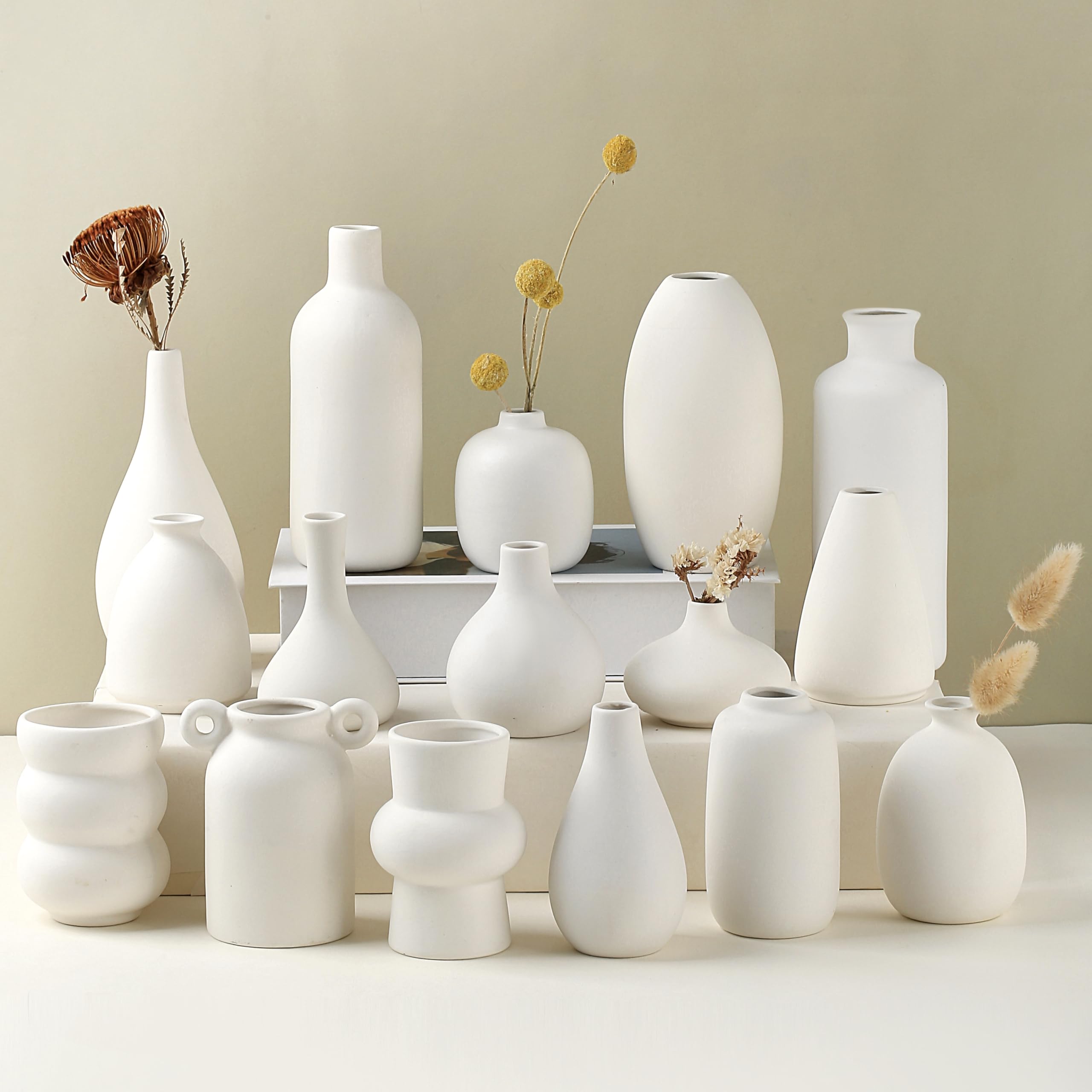 Set of 16 White Ceramic Bud Vases, Minimalist Boho Small Pampas Grass Flower Vase for Farmhouse Home Decor, Wedding Centerpiece, Shelf and Table Decoration