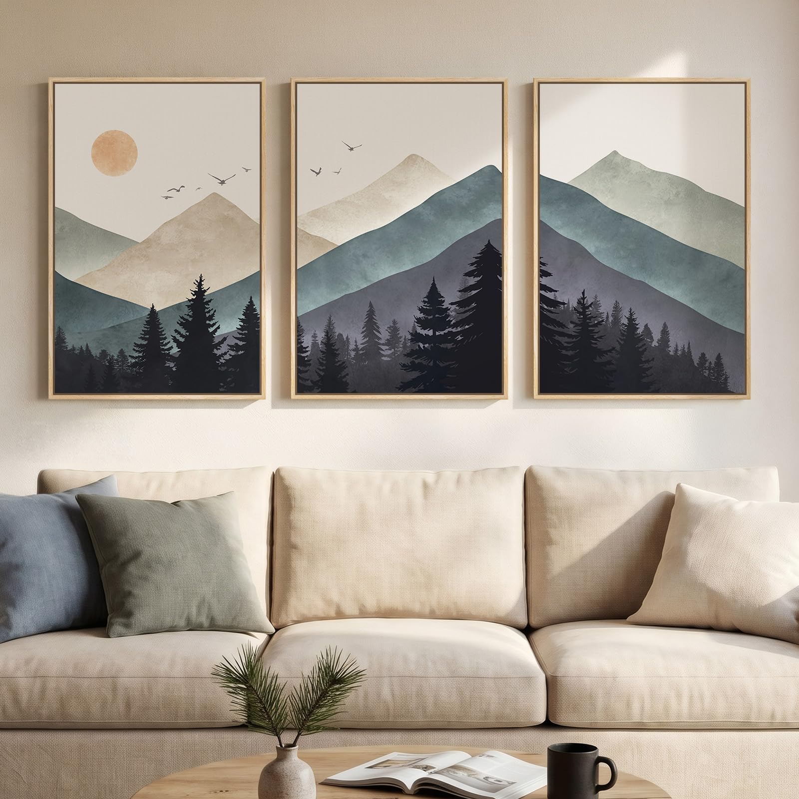 Large Framed Neutral Abstract Landscape Set of 3 Living Room Wall Art, Modern Misty Pine Forest Canvas Artwork for Walls, Beige Rustic Farmhouse Nature Wall Decor for Bedroom Hallway Office, 24x36 In