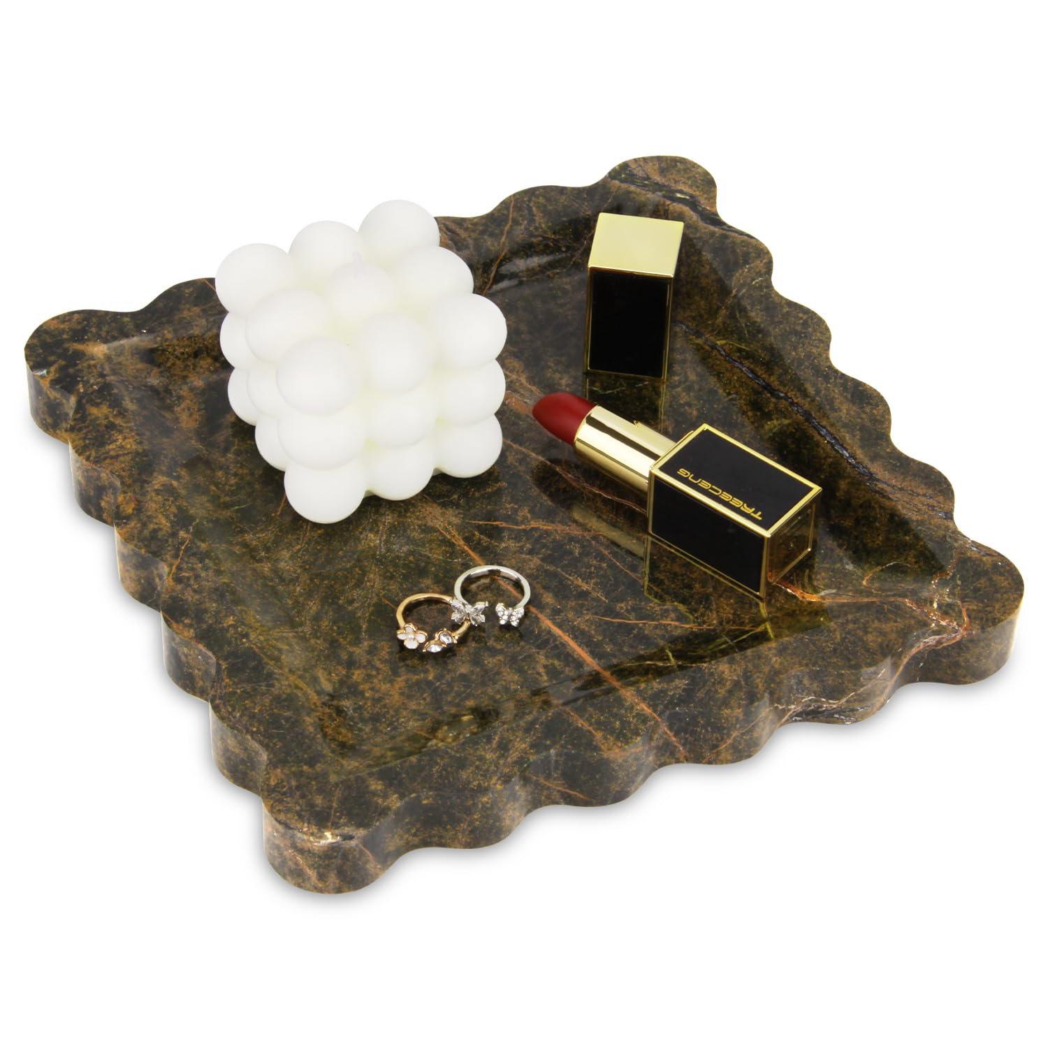 Square Marble Decorative Tray with Scalloped Edge,Luxury Natural Stone Bathroom Vanity Tray, Dresser Top Perfume Coffee Home Kitchen Sink Tray, Key Trinket Ring (Rosso Lepanto, 8 * 8)