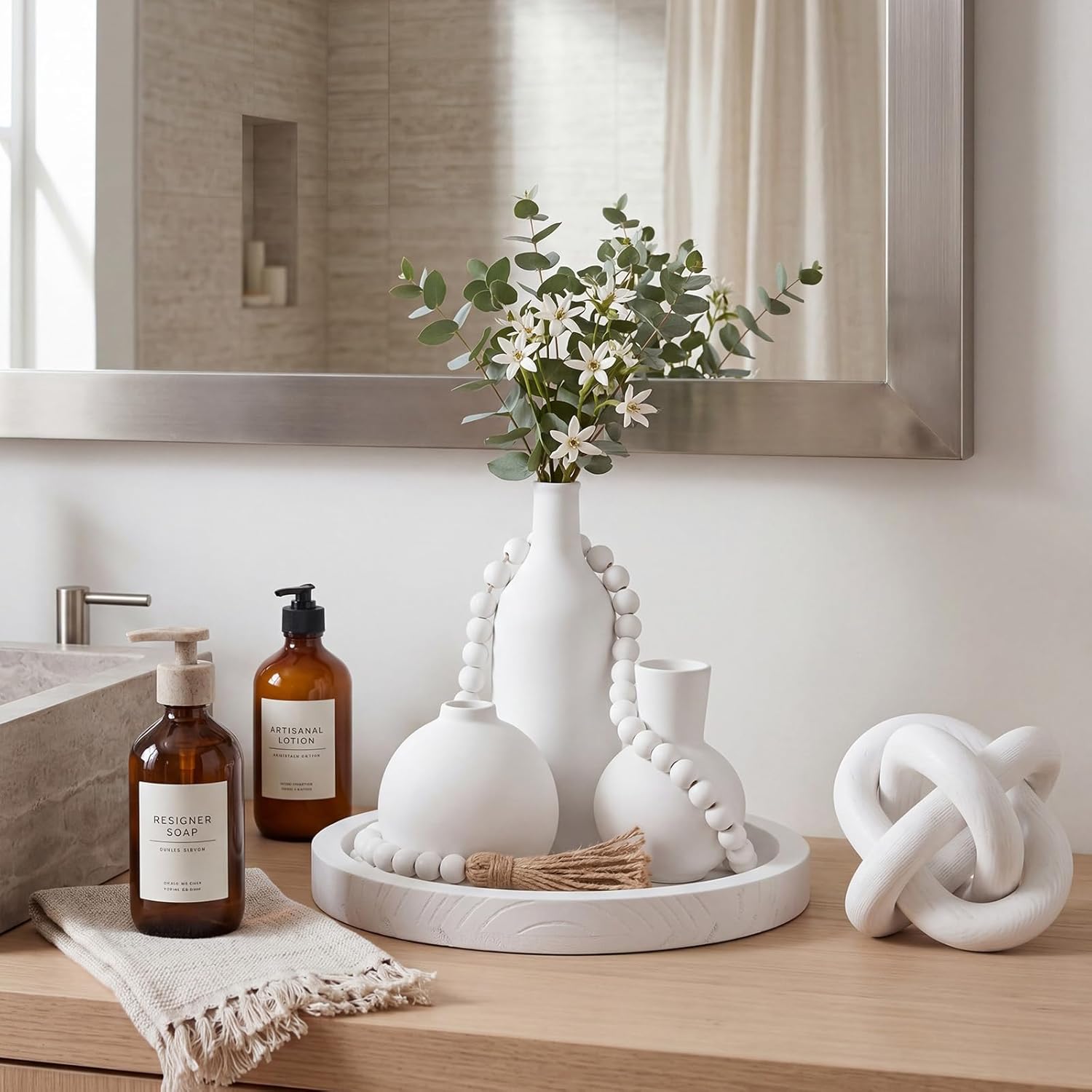 6 Pieces Ceramic Vase Set for Table Centerpieces Decor Include Wood Chain Link Bead Garland Boho Rustic Serving Tray for Home Table Living Room Dining Decoration(White)