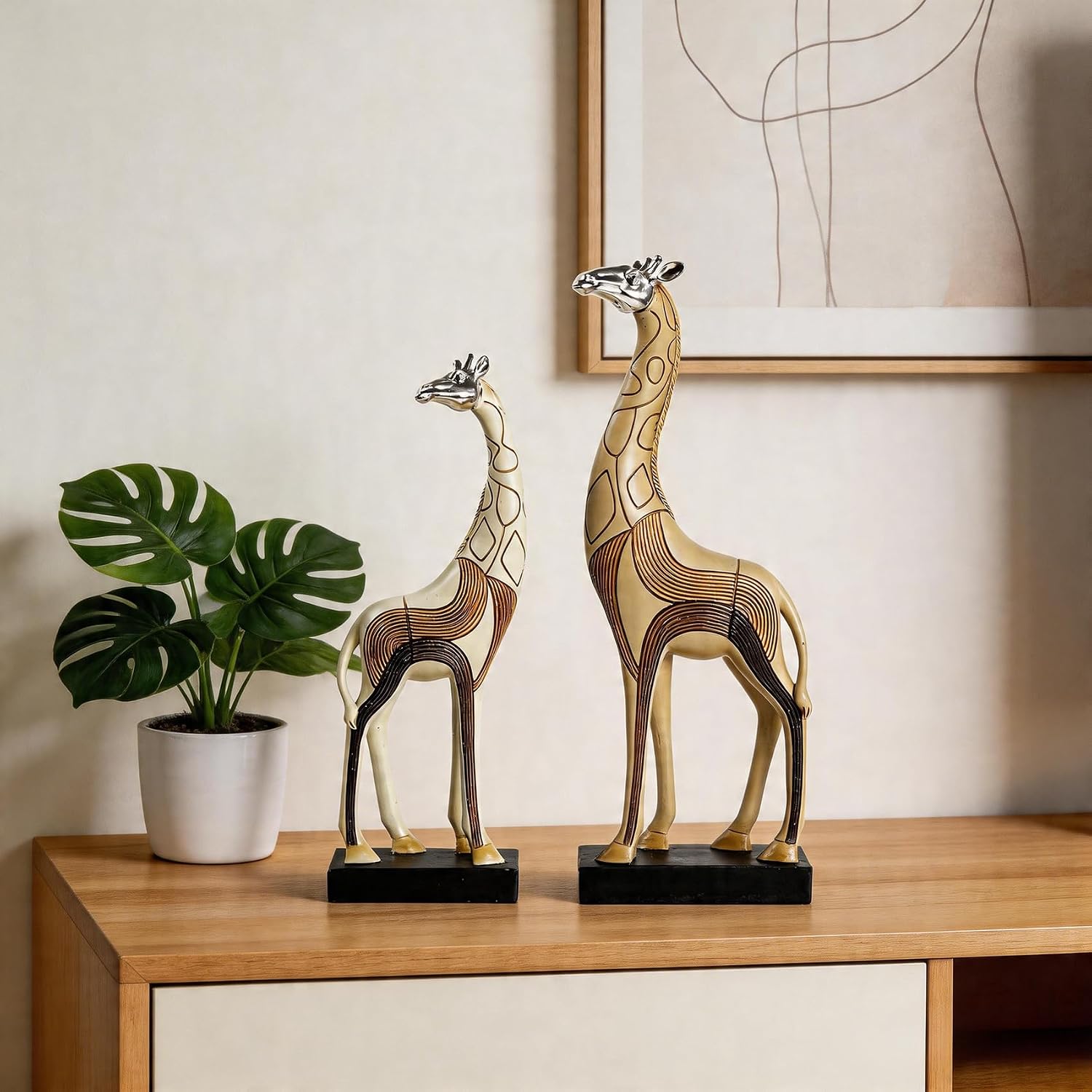 Giraffe Figurine Set of 2, Resin Animal Sculpture, Beige and Brown, 11.61 in and 13.78 in, Safari Home Decor