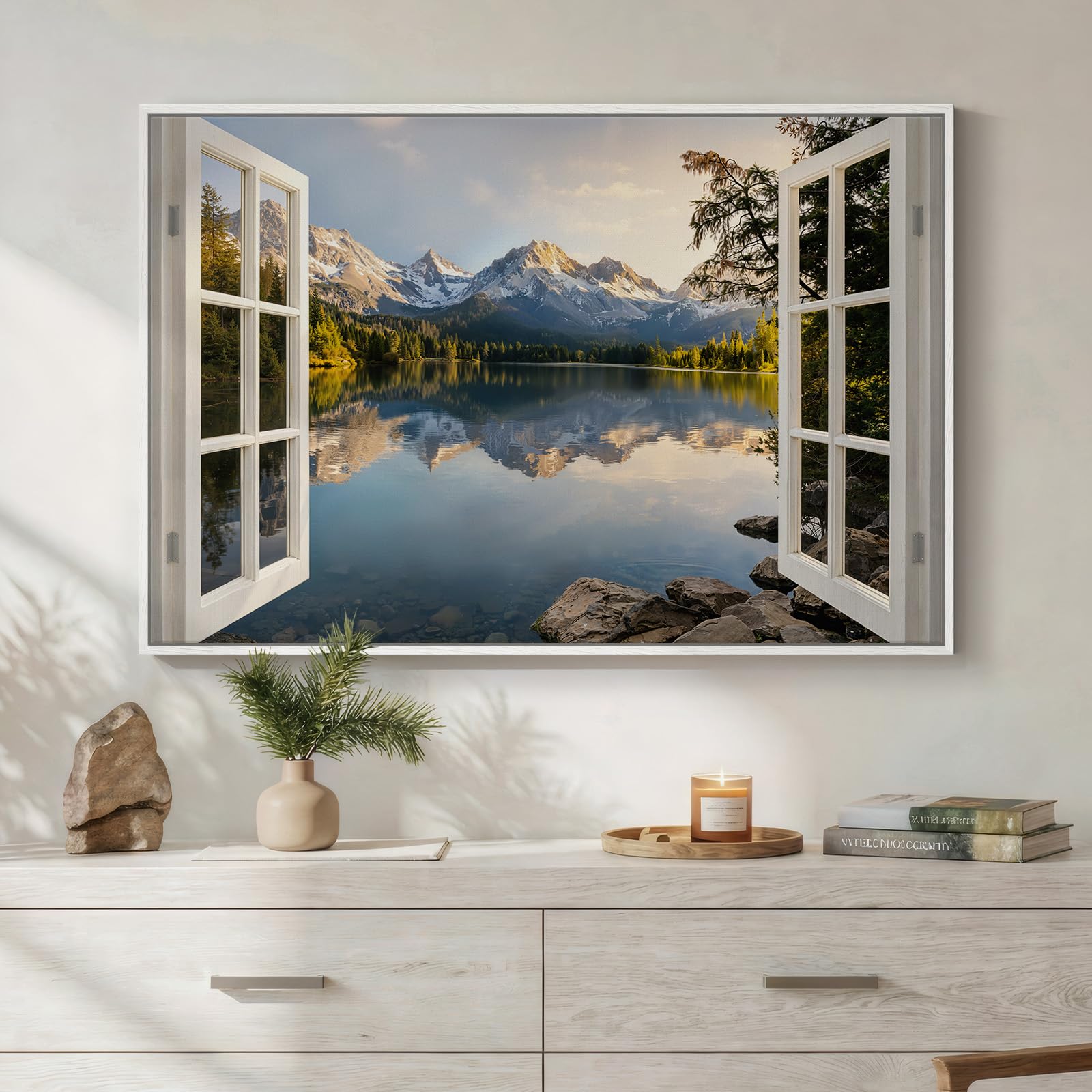 Framed Blue Abstract Forest Wall Art, Horizontal Watercolor Canvas Artwork for Walls, Modern Picture Print Wall Decor, Abstract Landscape Artwork for Living Room Bedroom Office Dining Room, 24x36 Inch