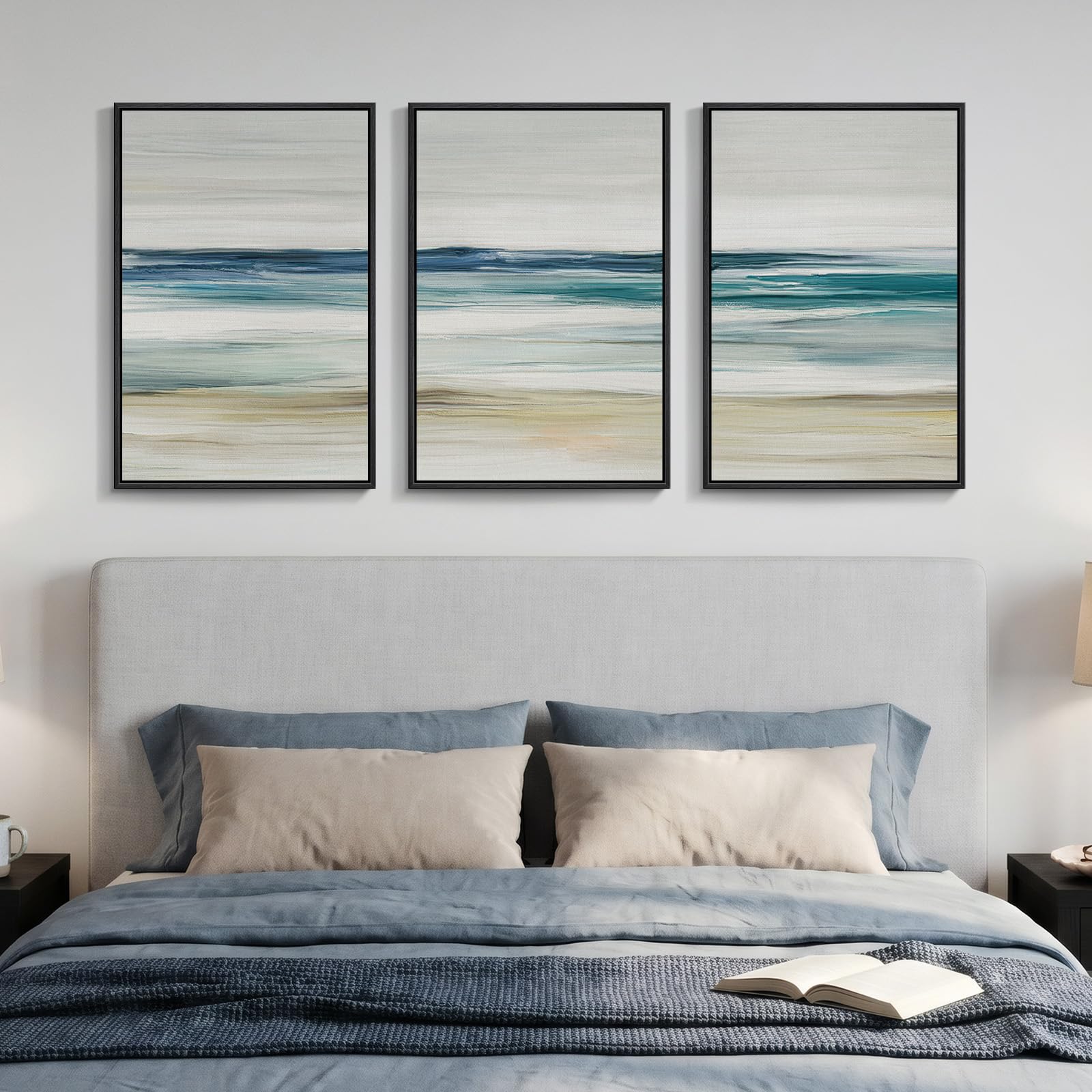 Framed Abstract Coastal Wall Art for Living Room, Large Blue Coastal Landscape Decor, 3 Piece Minimalist Beach Ocean Painting Artwork for Walls, Canvas Prints for Bedroom Hallway Wall Decor, 24x36 In