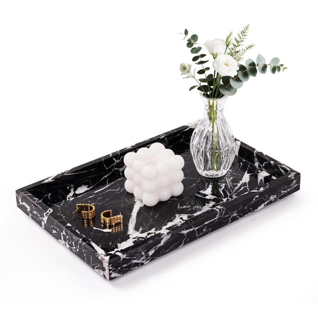 Marble Bathroom Tray for Countertop & Home Decor, Natural Decorative Marble Tray for Jewelry & Perfume Organizer, Luxury Stone Vanity Trays for Dresser, Kitchen Counter, 12" x 8", Gray Black