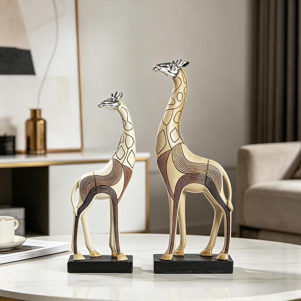 Giraffe Figurine Set of 2, Resin Animal Sculpture, Beige and Brown, 11.61 in and 13.78 in, Safari Home Decor