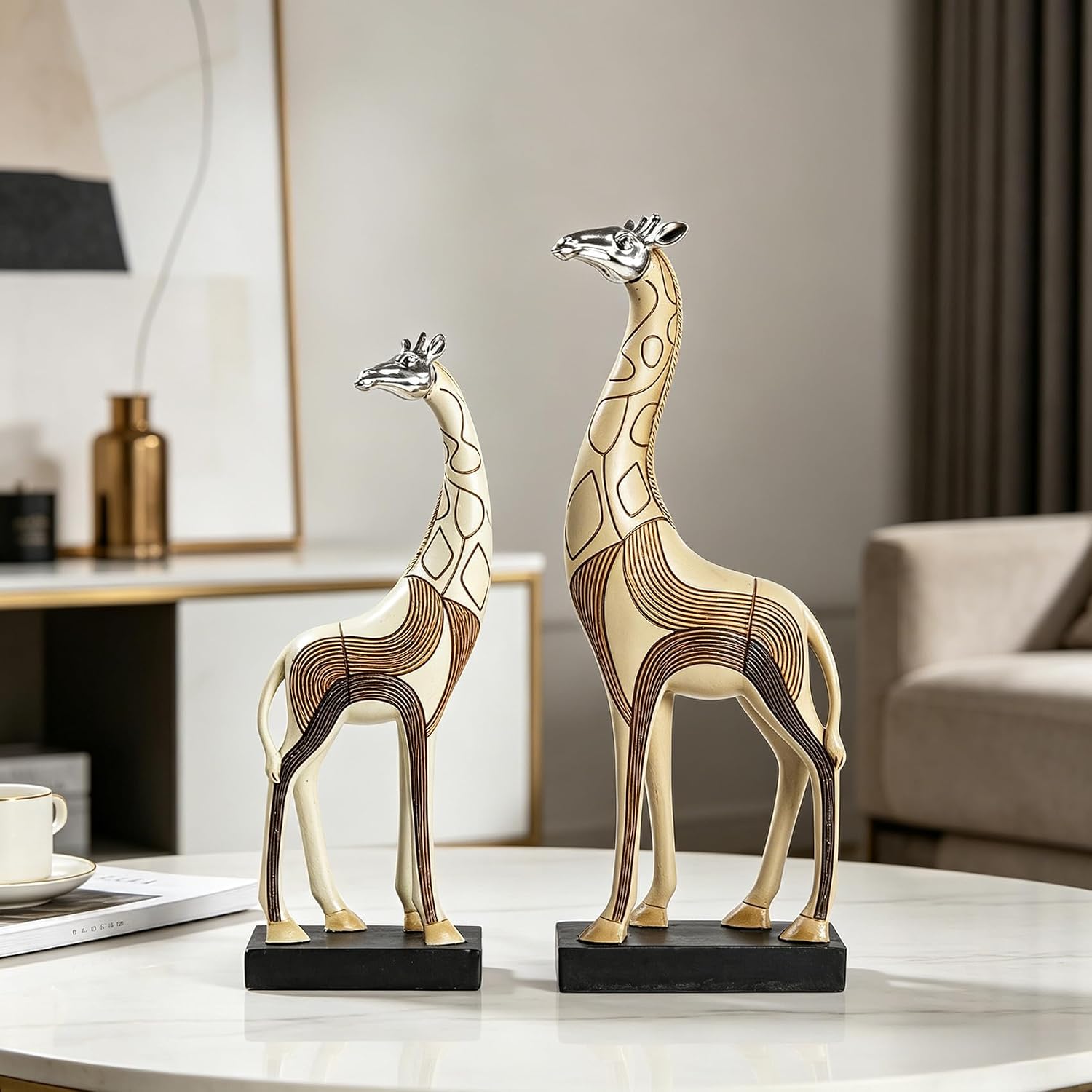 Giraffe Figurine Set of 2, Resin Animal Sculpture, Beige and Brown, 11.61 in and 13.78 in, Safari Home Decor