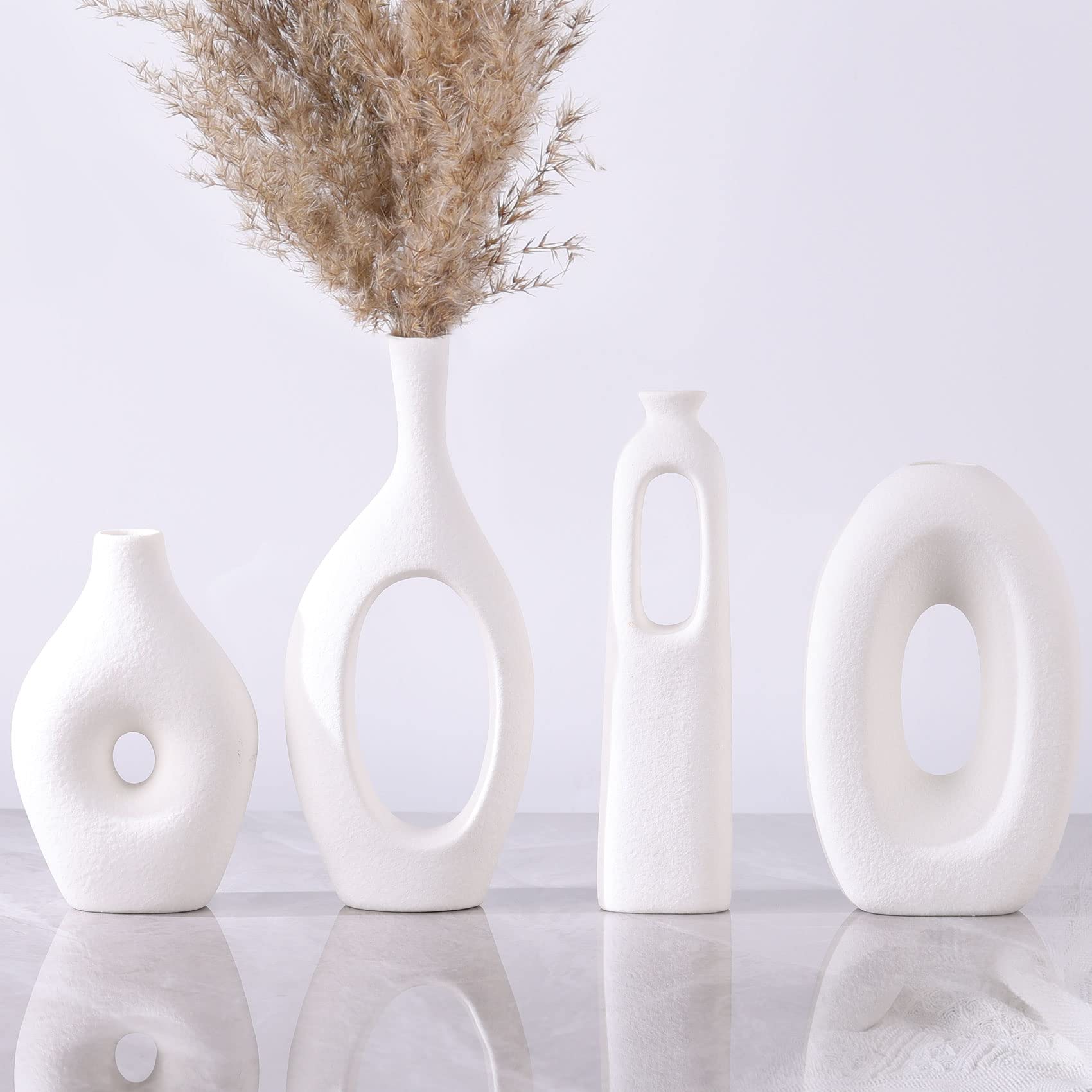 Blue Ceramic Vase Set of 4 - Round Hollow Boho Vases for Pampas Grass and Flowers Decor, Modern Minimalist Small Vases for Living Room, Bedroom, Fireplace, Coffee Table Decor and Centerpieces