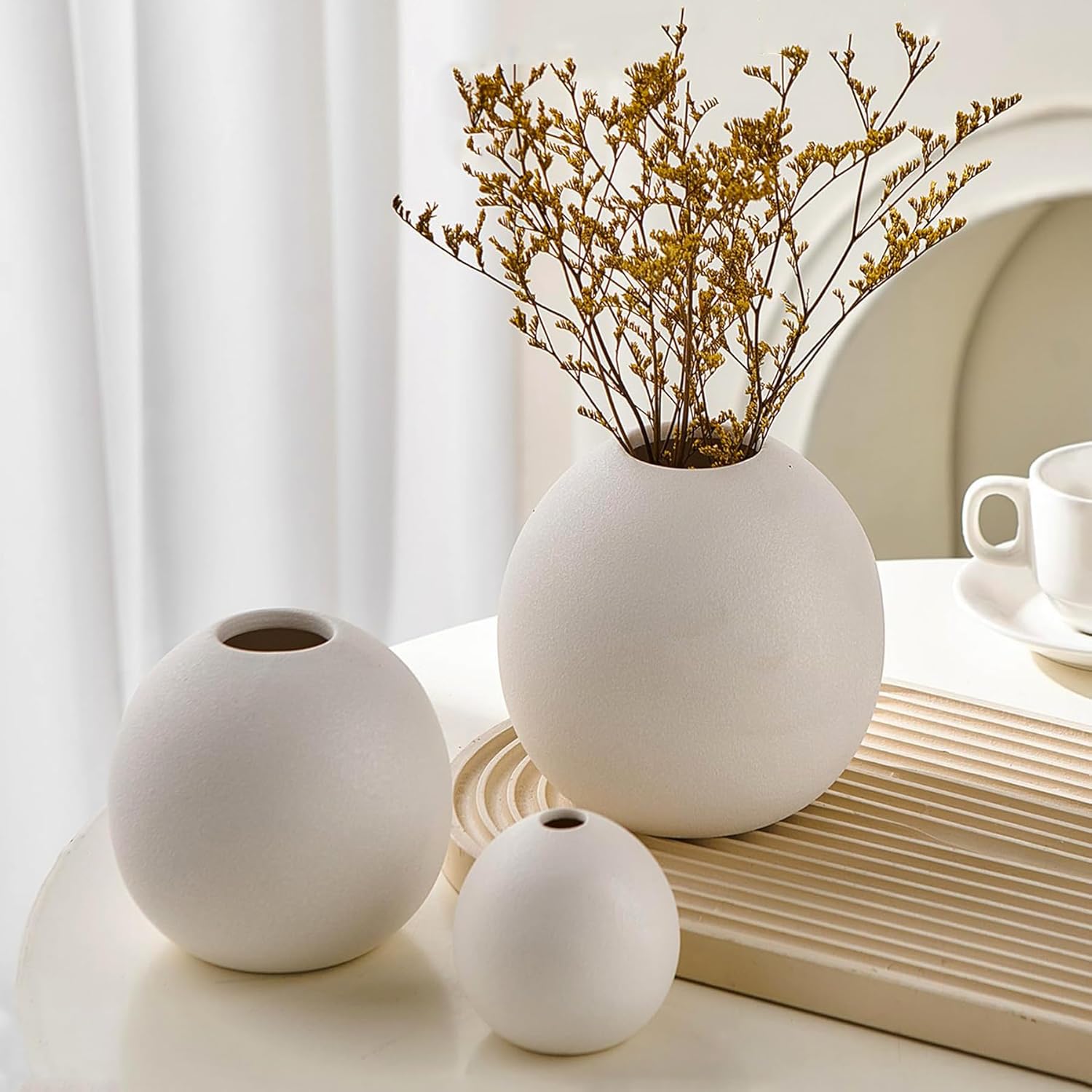 Ceramic Vase Set of 3 for Modern Home Decor, Boho Vase White Round Vase Minimalist Decorative Vase for Table Centerpiece Wedding Dining Living Room Office Entryway Coffee Table Decor