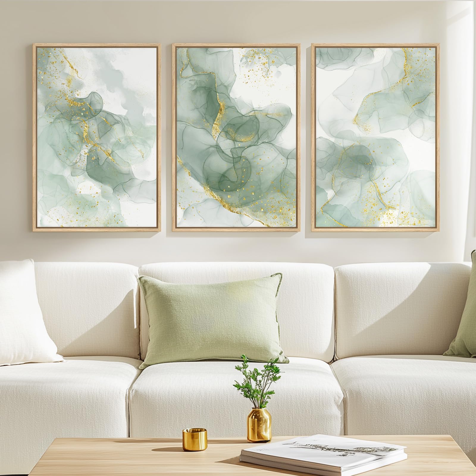 Large Framed Blue and Neutral Abstract Wall Art for Living Room, 3 Piece Modern Canvas Prints Paintings Artwork for Walls, Minimalist Pictures for Bedroom Dining Room Hallway Wall Decor 24x36 Inch