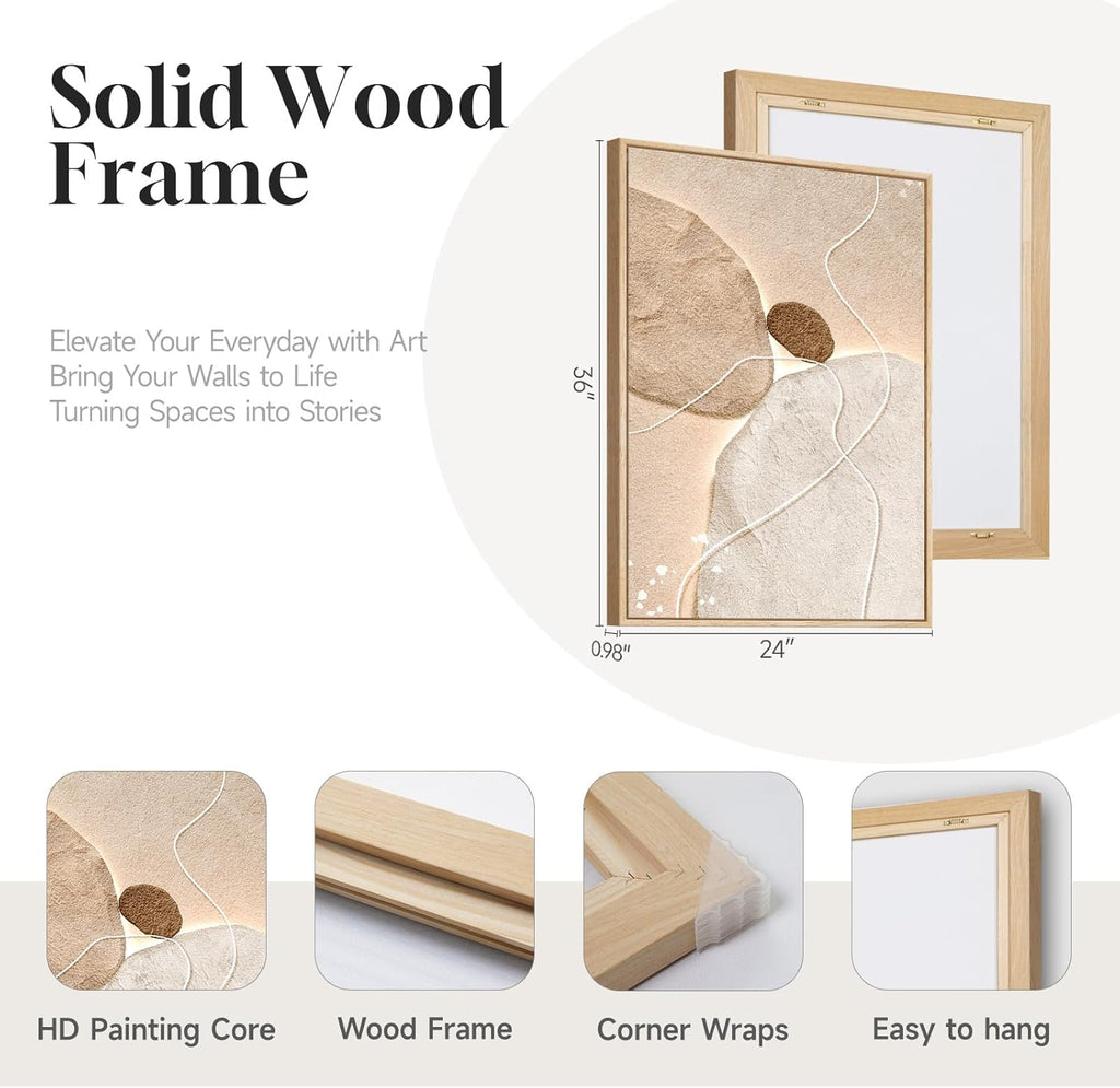 Large Framed Neutral Abstract Wall Art, Modern Beige Brown Canvas Prints Paintings, Minimalist Stone Shape Line Pictures Artwork Decor for Living Room Dining Bedroom Entryway 24x36 Inch
