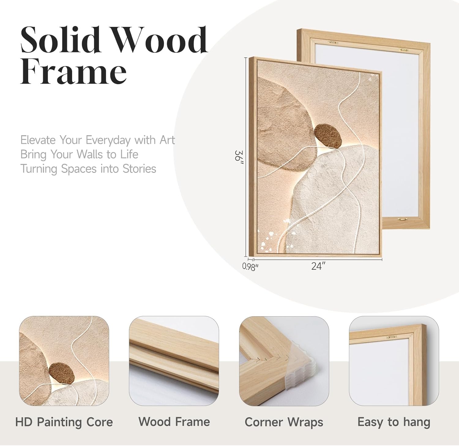 Large Framed Neutral Abstract Wall Art, Modern Beige Brown Canvas Prints Paintings, Minimalist Stone Shape Line Pictures Artwork Decor for Living Room Dining Bedroom Entryway 24x36 Inch
