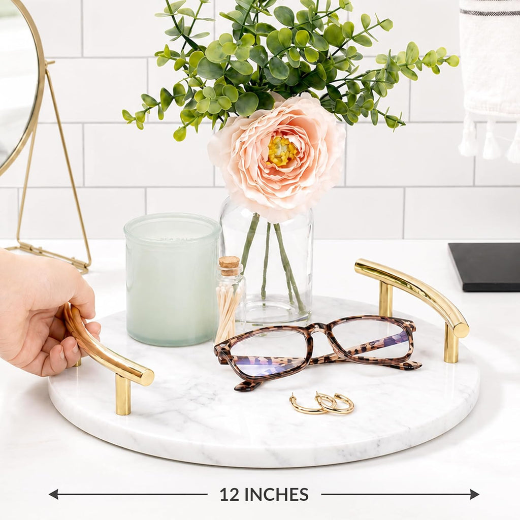 White Marble Tray with Gold Handles - Elegant Solid Marble - Chic Modern Elegant Round Vanity Tray for Bathroom