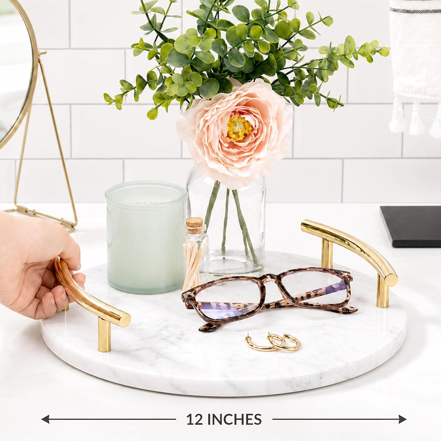 White Marble Tray with Gold Handles - Elegant Solid Marble - Chic Modern Elegant Round Vanity Tray for Bathroom