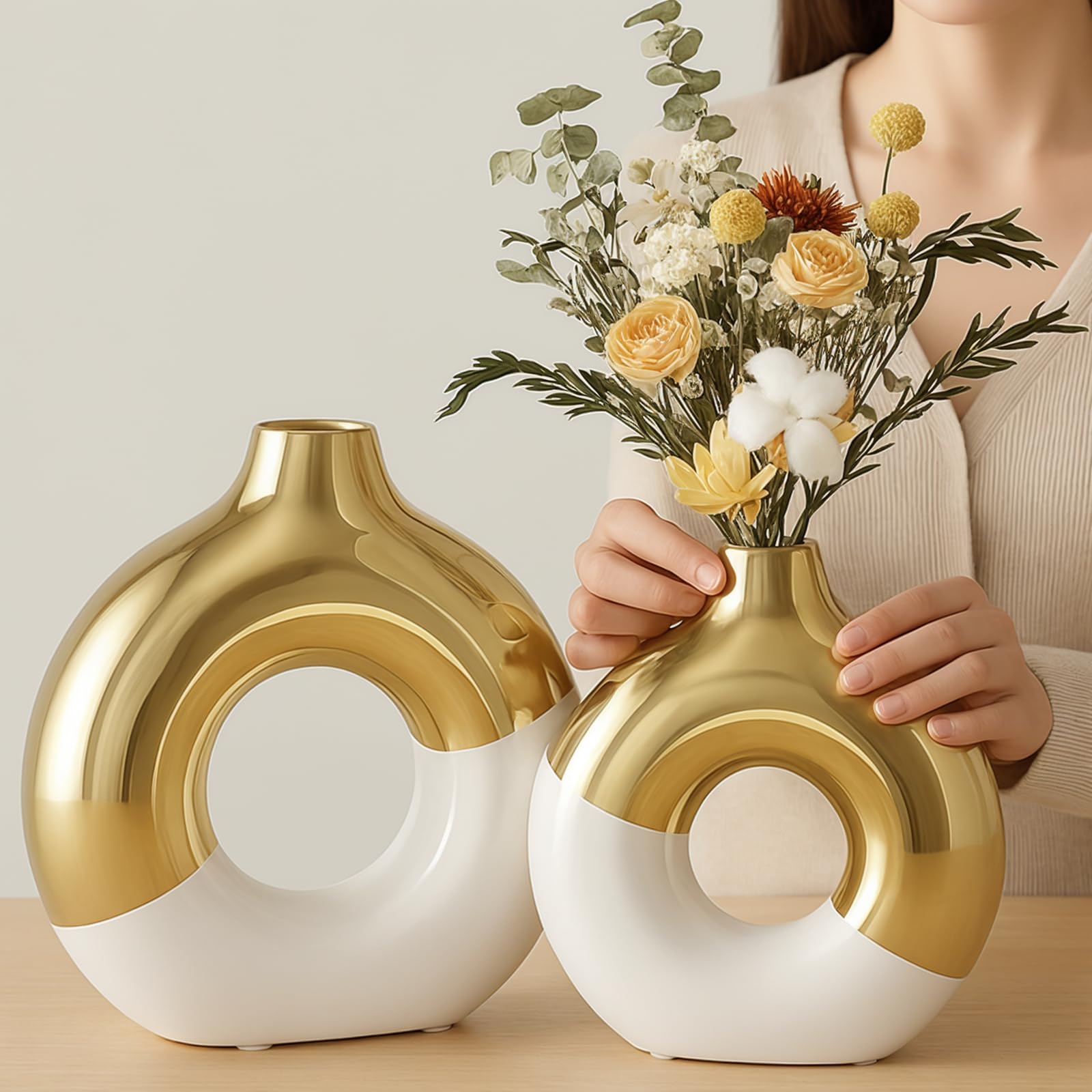 Terracotta Vase Decor Donut Vase Set of 2 - Circle Hollow Vases, Modern Matte Ceramic Vases for Entryway Living Room Bedroom Dining Table Centerpiece Office Home Decor