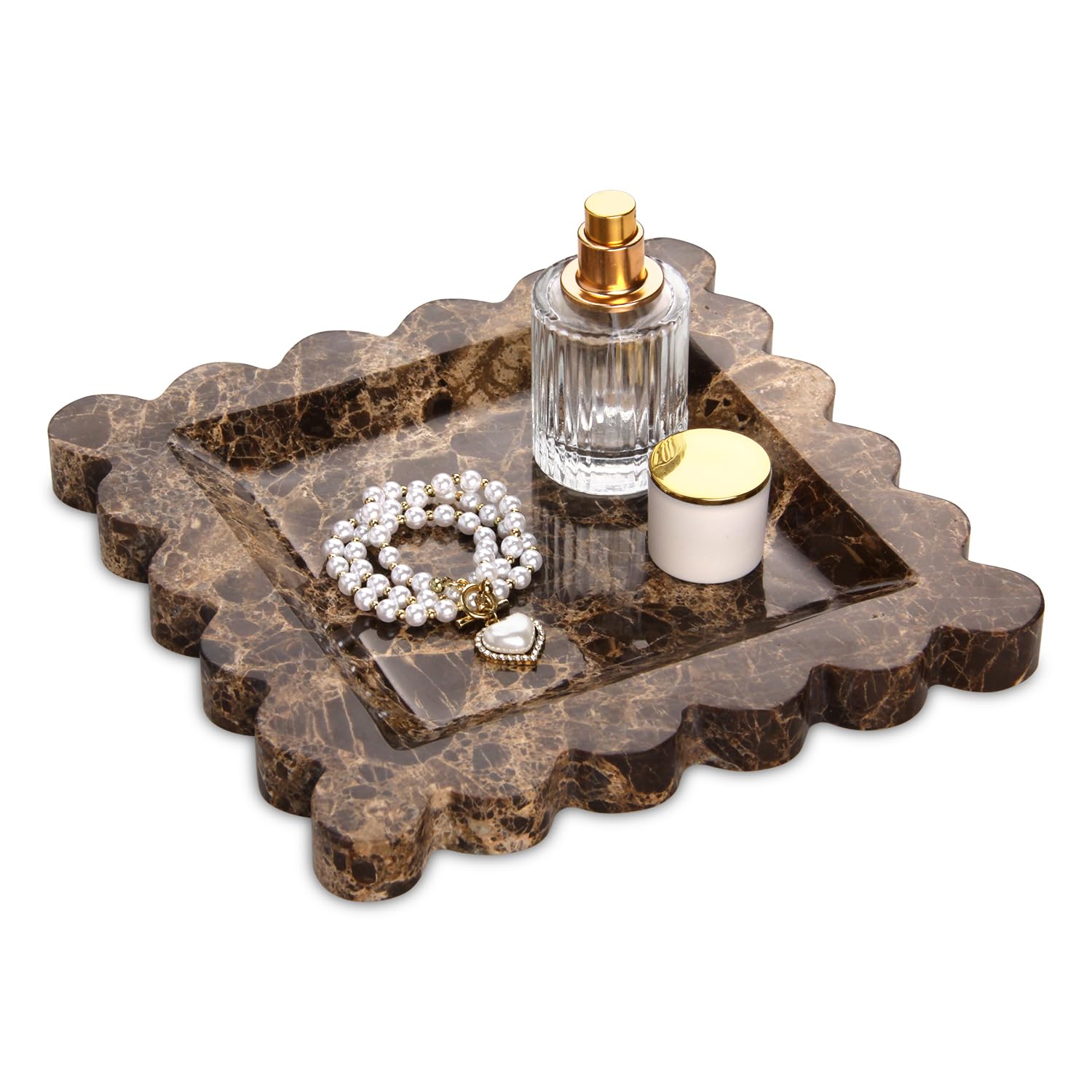 Square Marble Decorative Tray with Scalloped Edge,Luxury Natural Stone Bathroom Vanity Tray, Dresser Top Perfume Coffee Home Kitchen Sink Tray, Key Trinket Ring (Rosso Lepanto, 8 * 8)