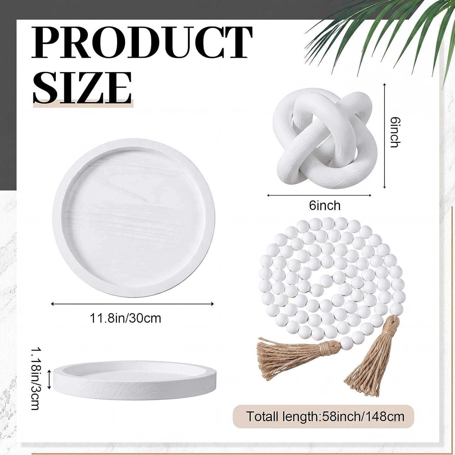 6 Pieces Ceramic Vase Set for Table Centerpieces Decor Include Wood Chain Link Bead Garland Boho Rustic Serving Tray for Home Table Living Room Dining Decoration(White)