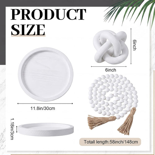 6 Pieces Ceramic Vase Set for Table Centerpieces Decor Include Wood Chain Link Bead Garland Boho Rustic Serving Tray for Home Table Living Room Dining Decoration(White)