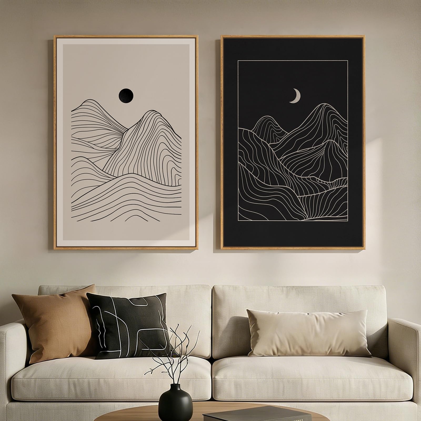 Large Framed Neutral Abstract Wall Art, 2 Piece Modern Canvas Prints Paintings, Beige Gold Abstract Pictures for Living Room Hallway Dining Room Bedroom Office Wall Decor 24x36 In