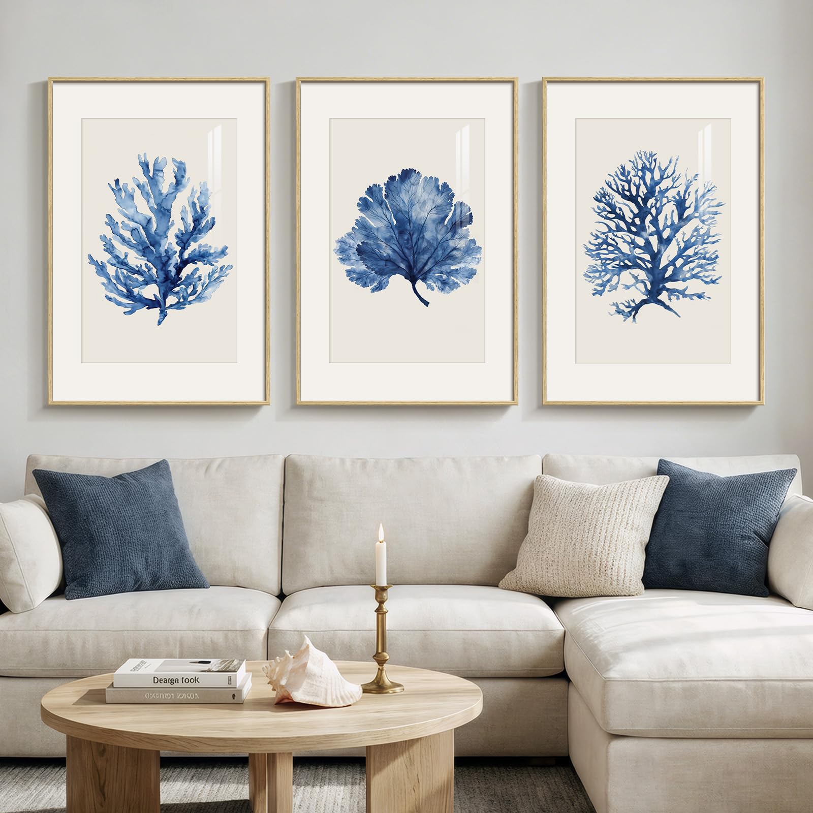 Framed Abstract Coastal Wall Art for Living Room, Large Blue Coastal Landscape Decor, 3 Piece Minimalist Beach Ocean Painting Artwork for Walls, Canvas Prints for Bedroom Hallway Wall Decor, 24x36 In