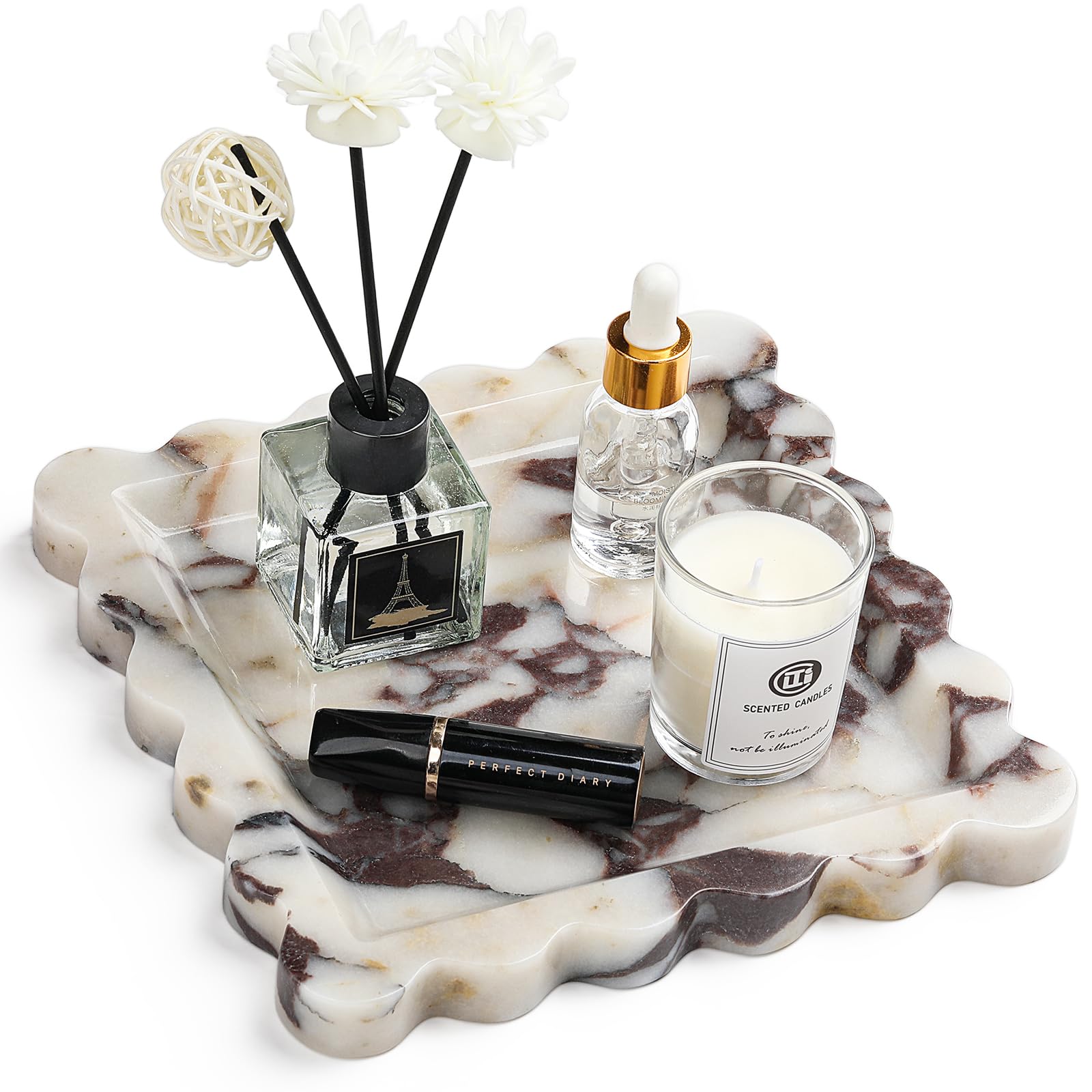 Natural Marble Vanity Tray - Moujings Genuine Marble Perfume Tray for Bathroom Decor, Stone Bathroom Vanity Organizer Tray for Kitchen Counter, Candles, Jewelry, Coffee, Makeup, Key