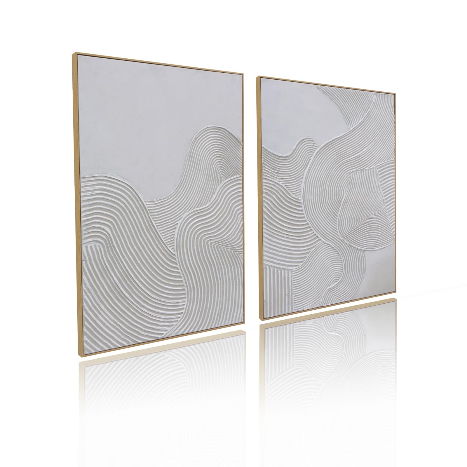 Framed Neutral Abstract Wall-Art Painting - Large Abstract Canvas Wall Decor 3D Curve Illustrations Hand painting for Living Room, Bedroom, Office - 2 Piece 28 x 40 Inch, Ready to Hang