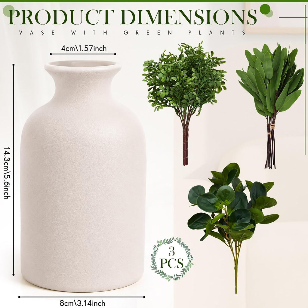 3 Set Ceramic Vase with Greenery 16" Artificial Eucalyptus in Vase Small Fake Potted Plants Decor for Indoor Farmhouse Centerpieces Office Desk Decor Plants in Pots for Bathroom Bedroom Home Shelf