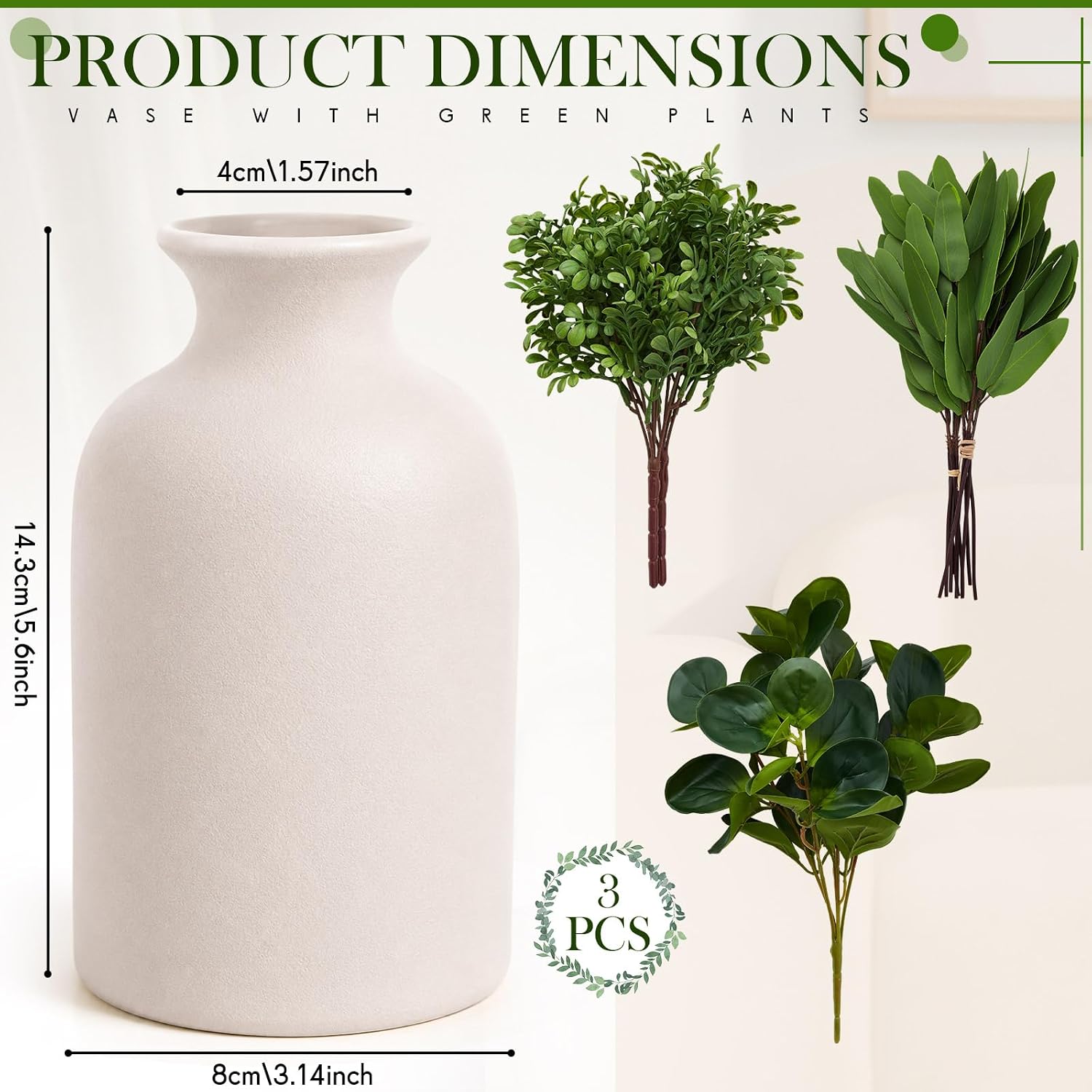 3 Set Ceramic Vase with Greenery 16" Artificial Eucalyptus in Vase Small Fake Potted Plants Decor for Indoor Farmhouse Centerpieces Office Desk Decor Plants in Pots for Bathroom Bedroom Home Shelf