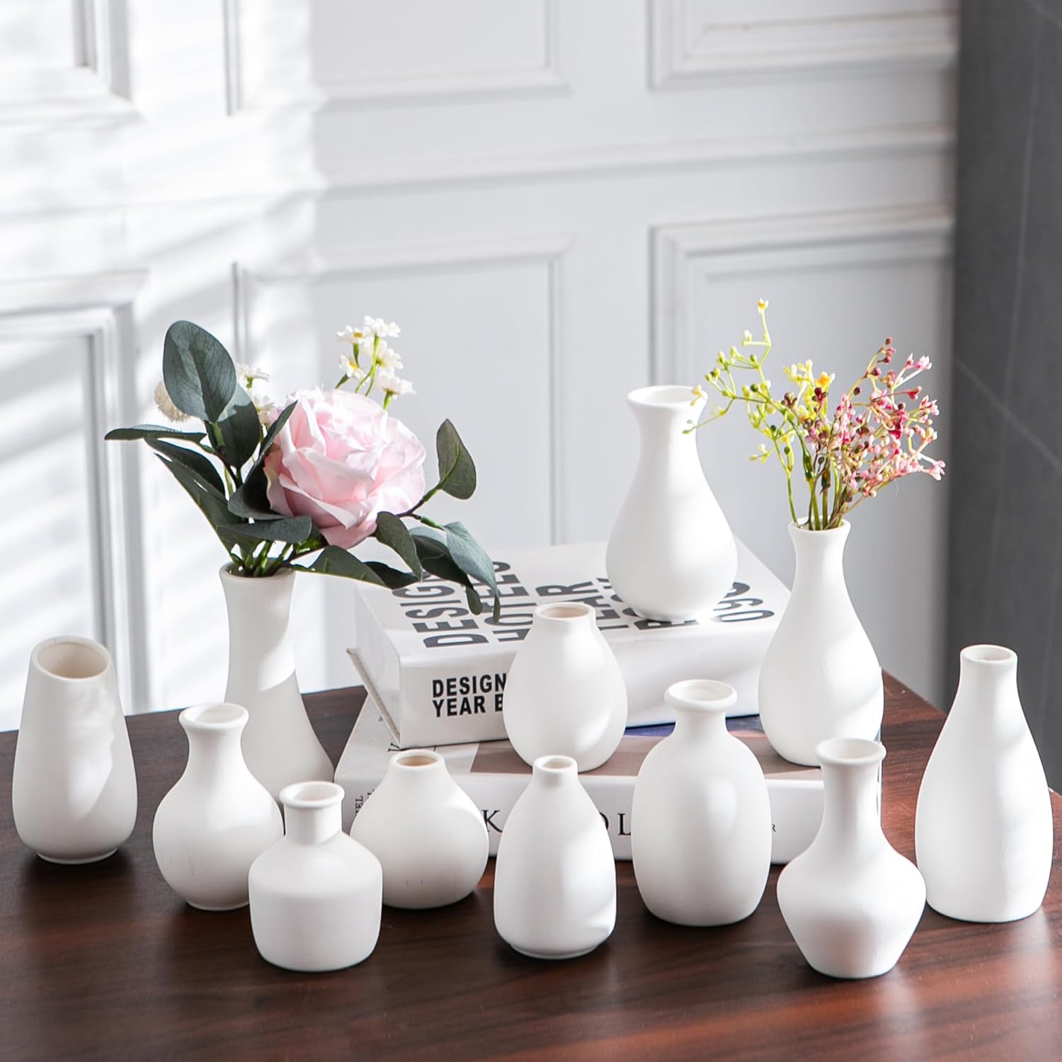 White Ceramic Bud Vase Set of 12, Small Flower Vases for Centerpieces, Modern Mini Vases for Home Decor, Wedding Table Decorations, Farmhouse Shelf and Mantel Display