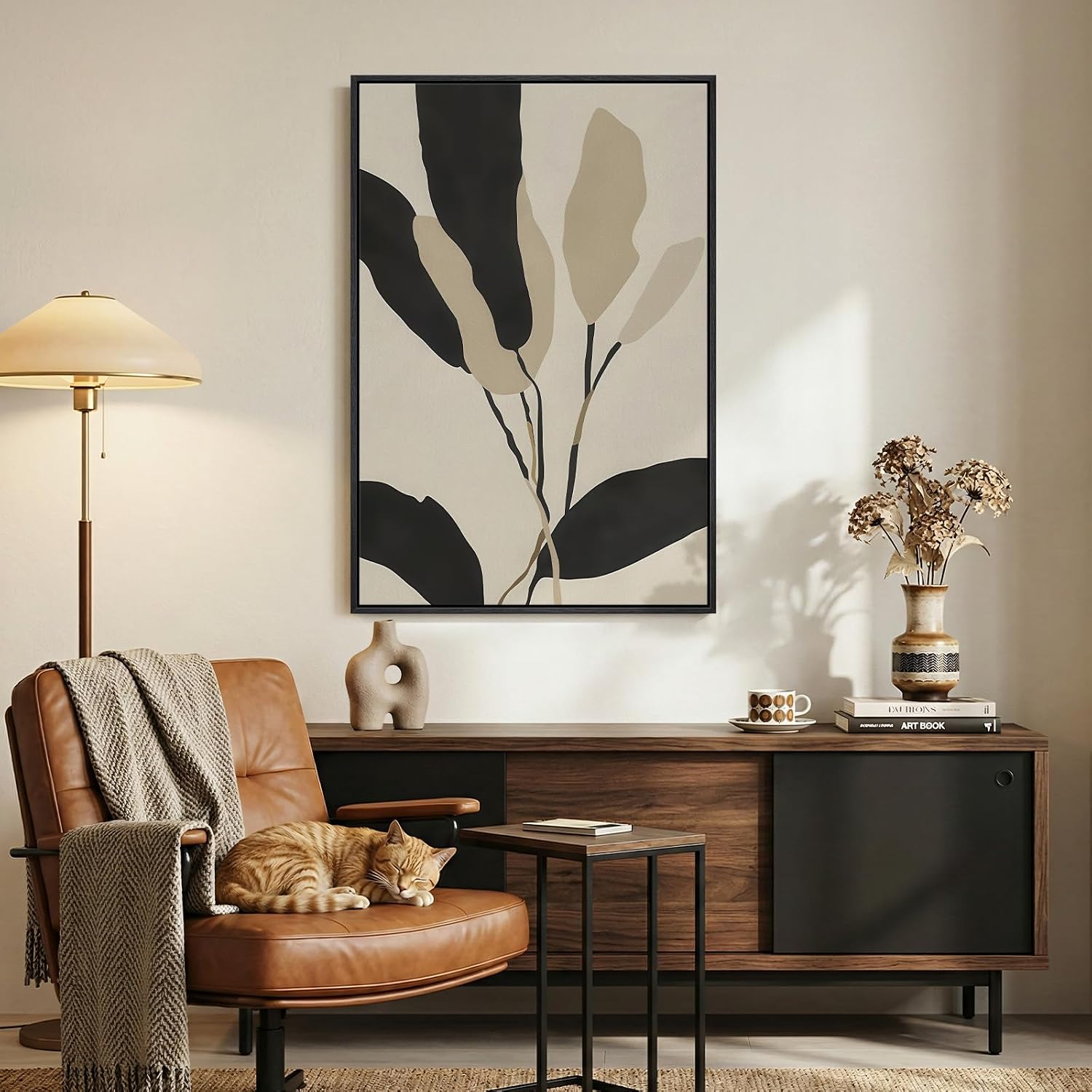 Framed Boho Abstract Wall Art for Living Room, Neutral Black Beige Wabi Sabi Botanical Leaf Prints Canvas Artwork for Walls, Minimalist Mid Century Modern Wall Decor for Bedroom Home Office, 24x36 In