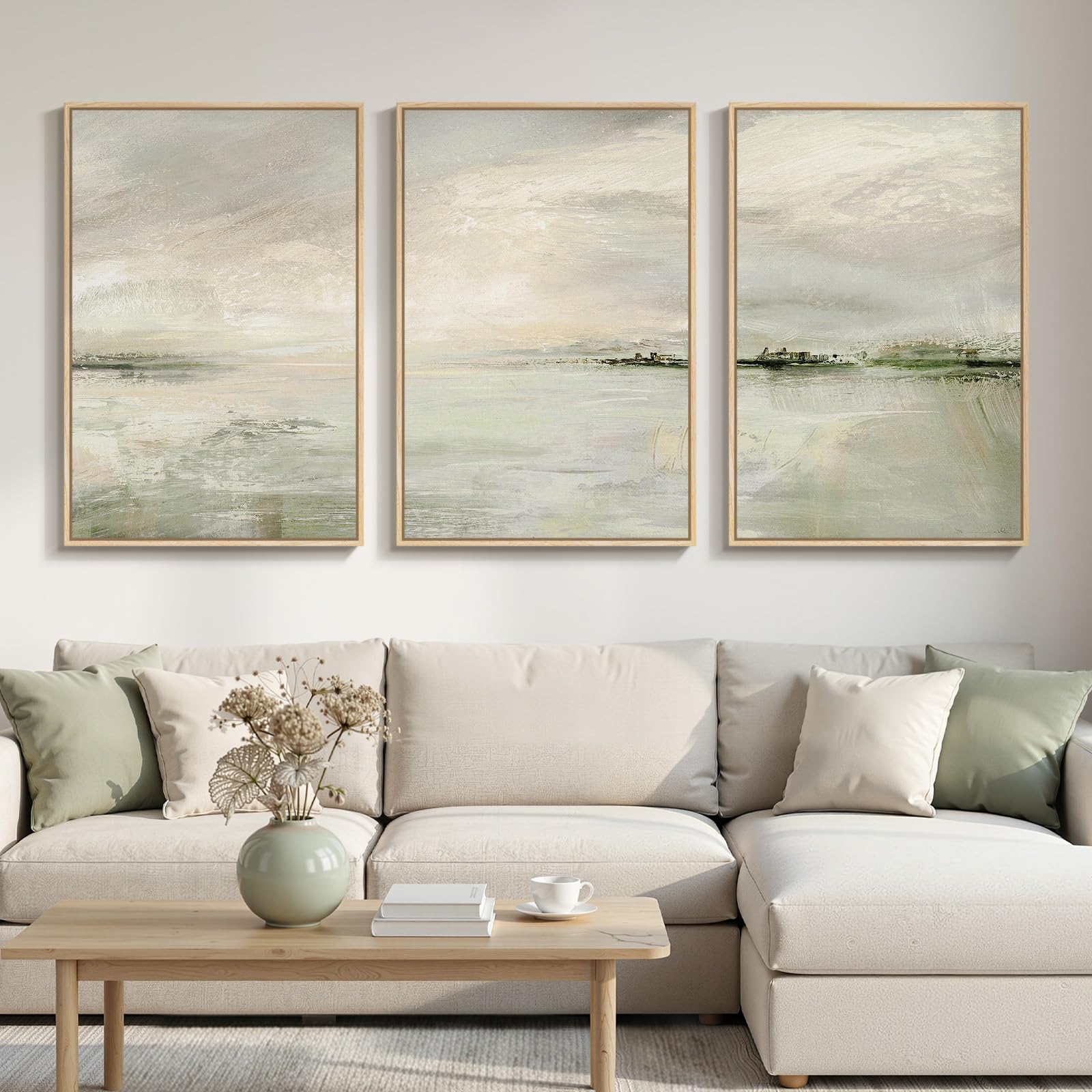 Large Framed Blue and Neutral Abstract Wall Art for Living Room, 3 Piece Modern Canvas Prints Paintings Artwork for Walls, Minimalist Pictures for Bedroom Dining Room Hallway Wall Decor 24x36 Inch