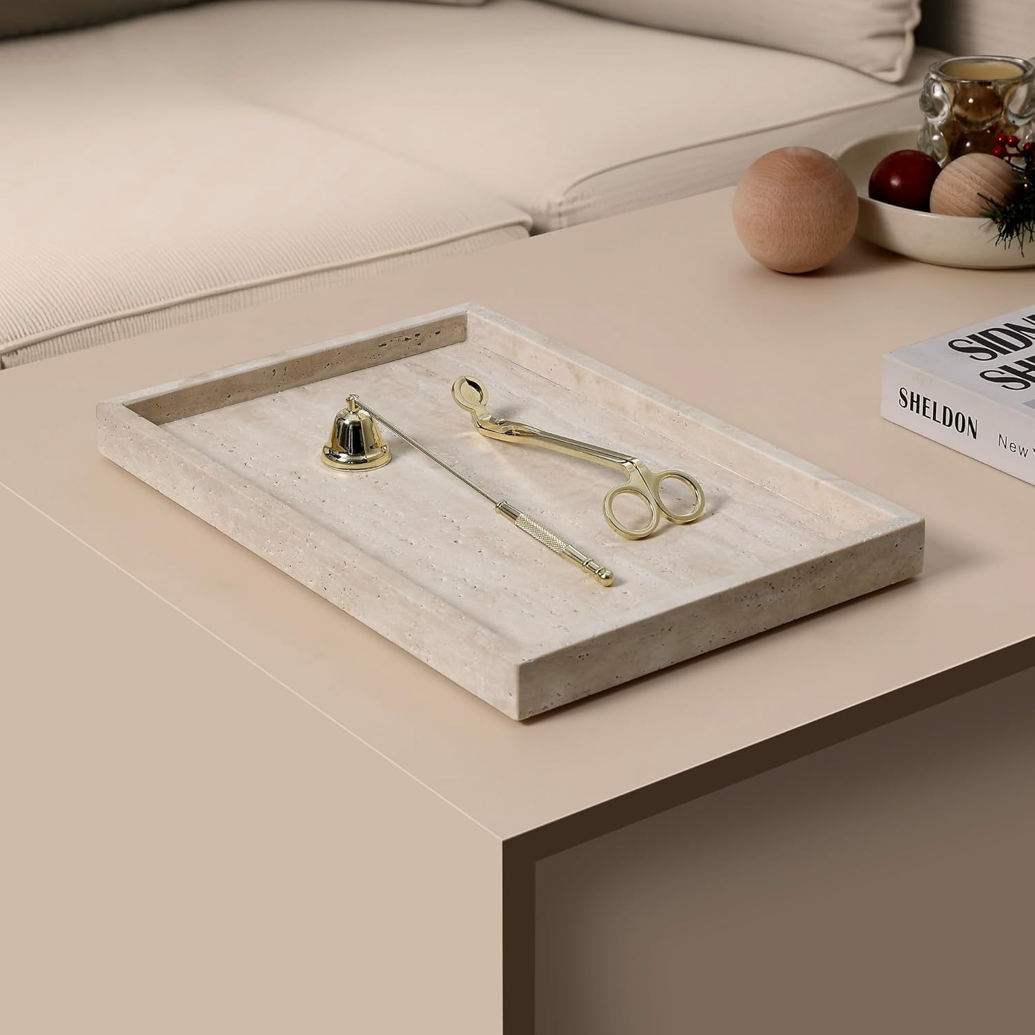 Natural Travertine Rectangular Decorative Tray 15"x10" – Stone Serving Tray | Non-slip bottom. Use on coffee bar, kitchen island, or vanity. Holds 2-3 cups. Each piece is unique.