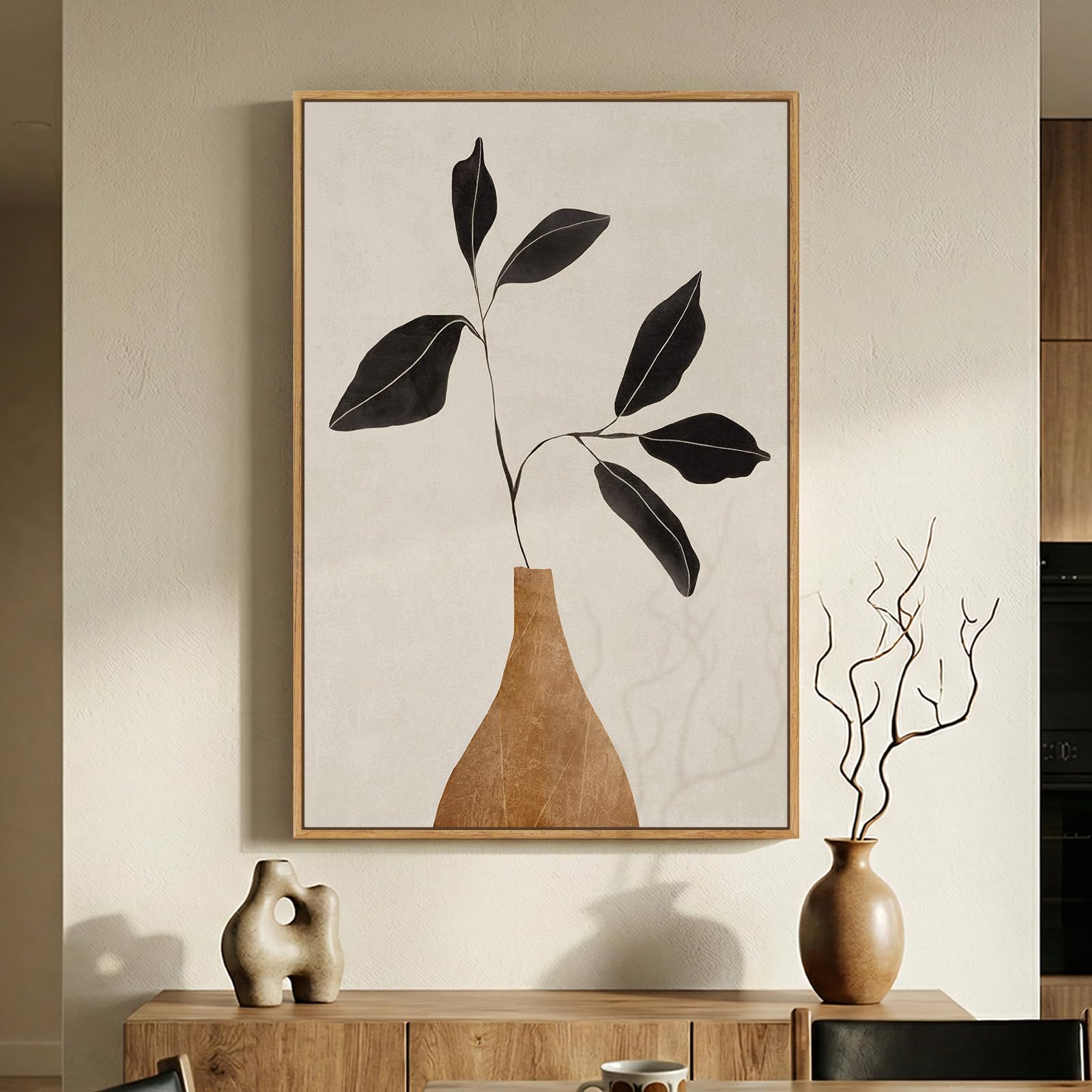 Framed Boho Abstract Wall Art for Living Room, Neutral Black Beige Wabi Sabi Botanical Leaf Prints Canvas Artwork for Walls, Minimalist Mid Century Modern Wall Decor for Bedroom Home Office, 24x36 In