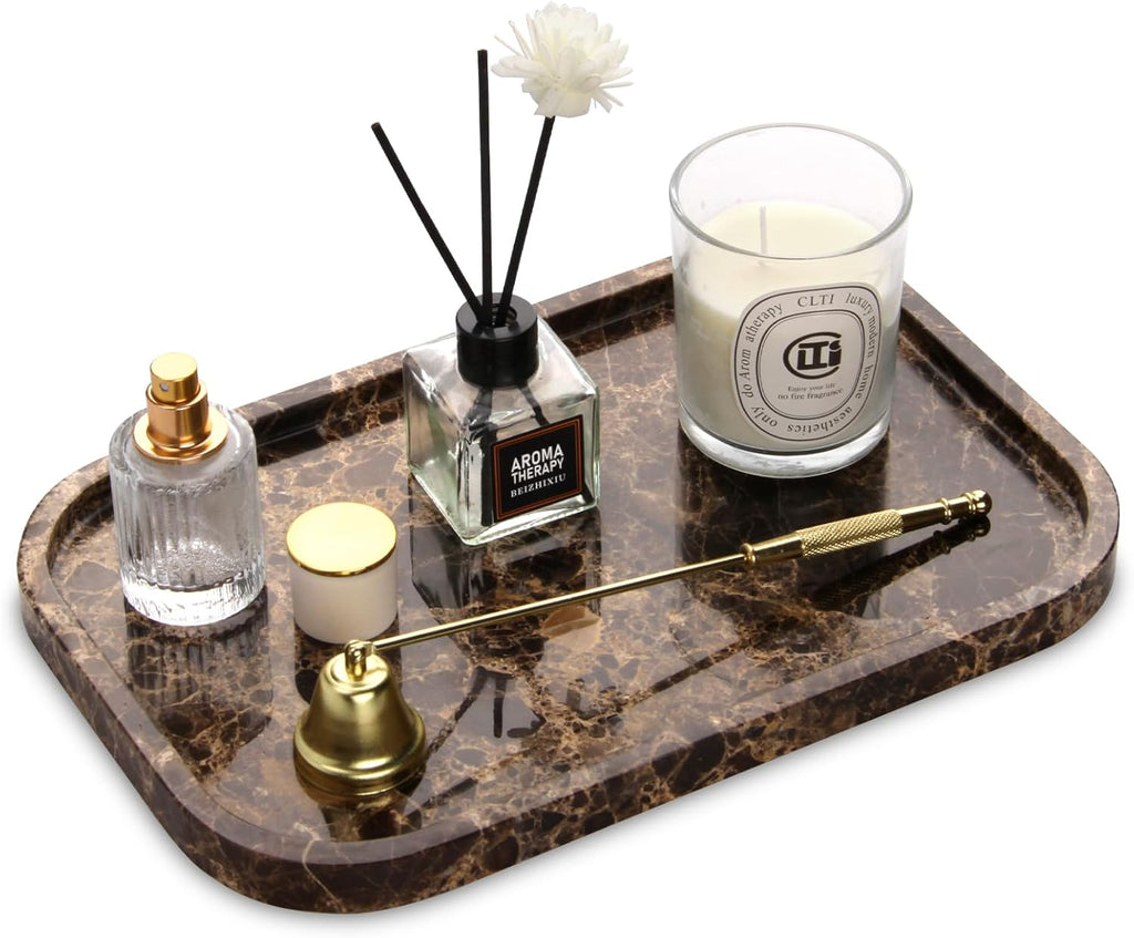 Marble Bathroom Vanity Tray, Natural Marble Home Kitchen Table Tray, Stone Decorative Countertop Serving Organizer for Dresser Coffee Perfume Jewelry Makeup (1, Dark Brown L, 12 * 8 * 0.8)