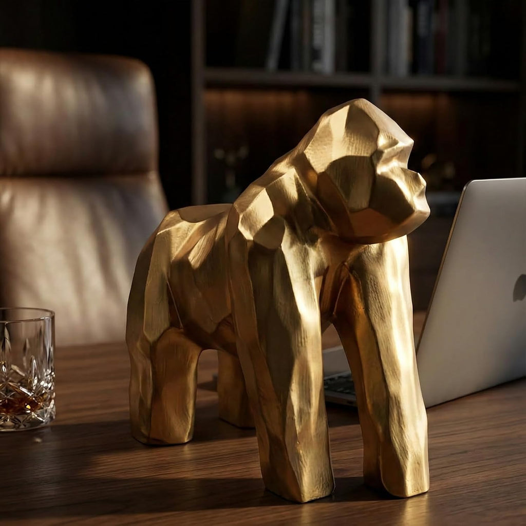 Golden Gorilla Statue - Abstract Art Resin Sculpture for Home and Office Decor - Tabletop, Bookshelf, or Desktop Ornament - 8.3" H - Gift for Animal Lovers