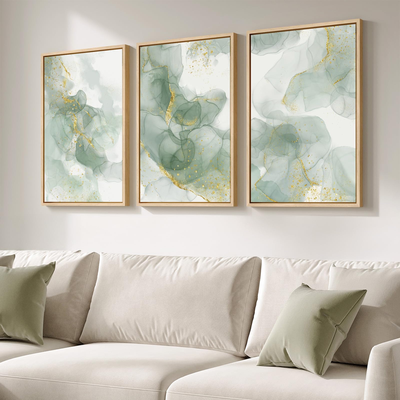 Large Framed Blue and Neutral Abstract Wall Art for Living Room, 3 Piece Modern Canvas Prints Paintings Artwork for Walls, Minimalist Pictures for Bedroom Dining Room Hallway Wall Decor 24x36 Inch